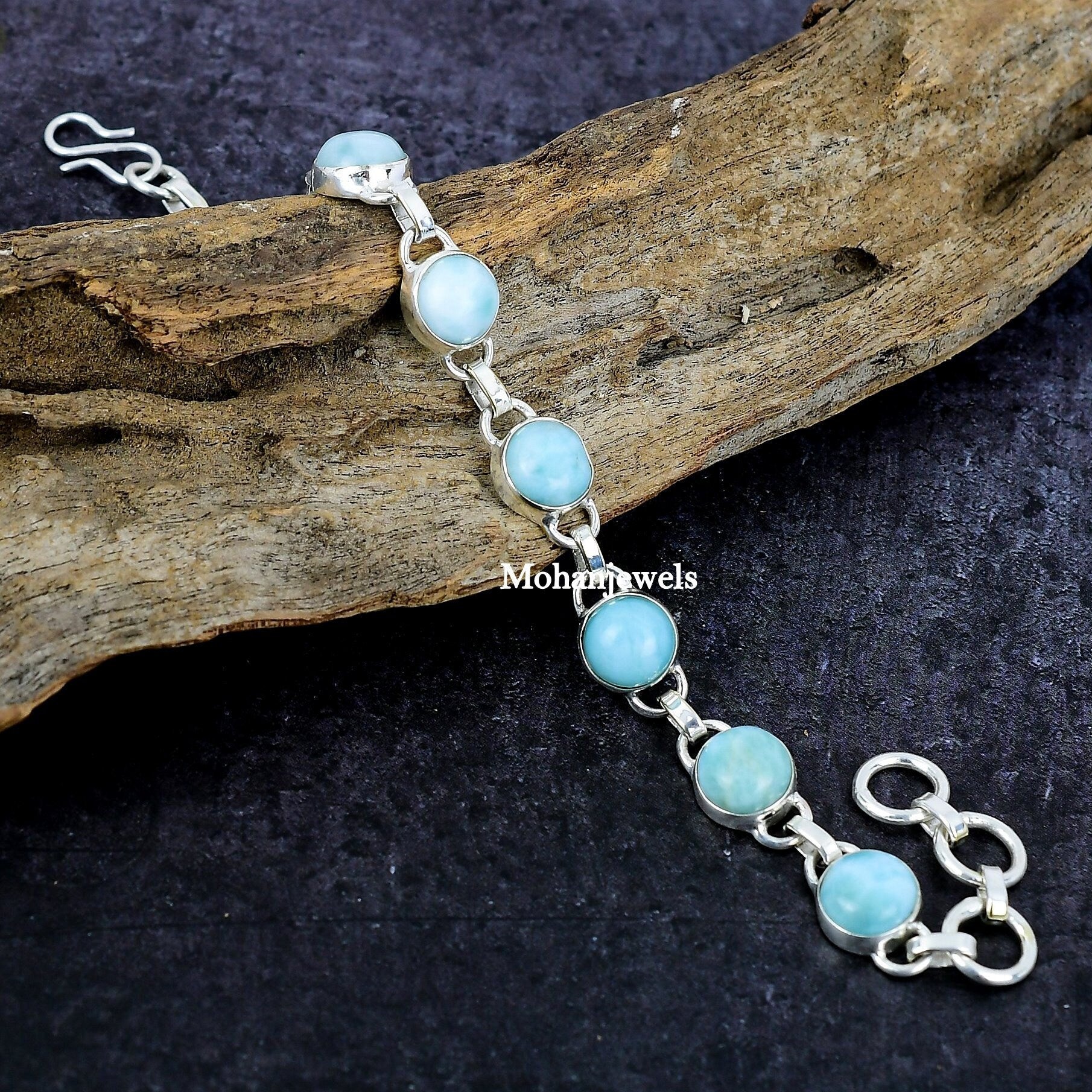 Larimar Bracelet, Natural Dominican Larimar Silver Bracelet, Adjustable Chain Bracelet, Wedding Gift Jewelry, Gift for Mom