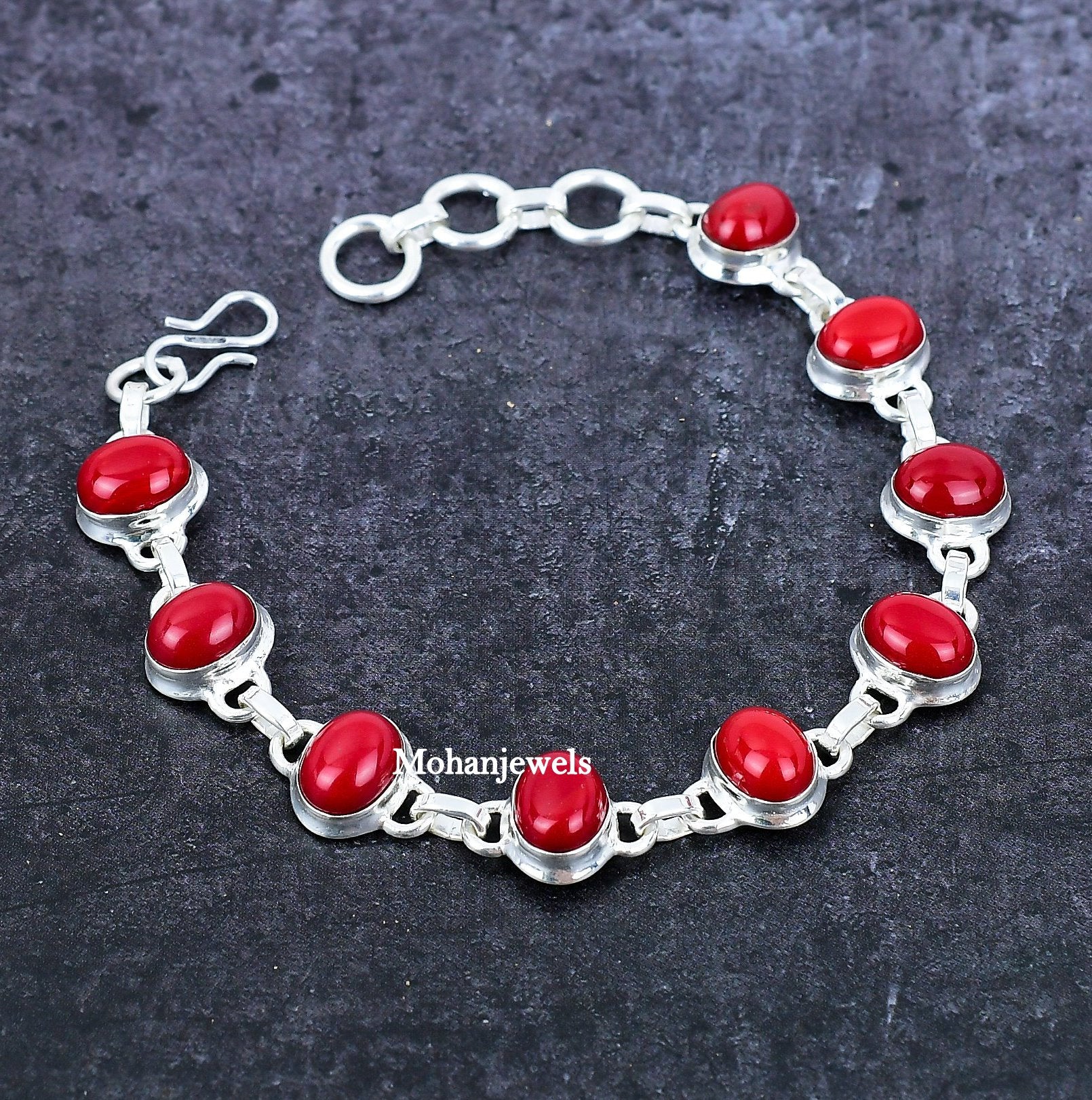 Coral Bracelet, Natural Coral Gemstone Silver Bracelet, Red Coral Healing Stone Bracelet, Protective Bracelet - Anniversary Gift For Women's