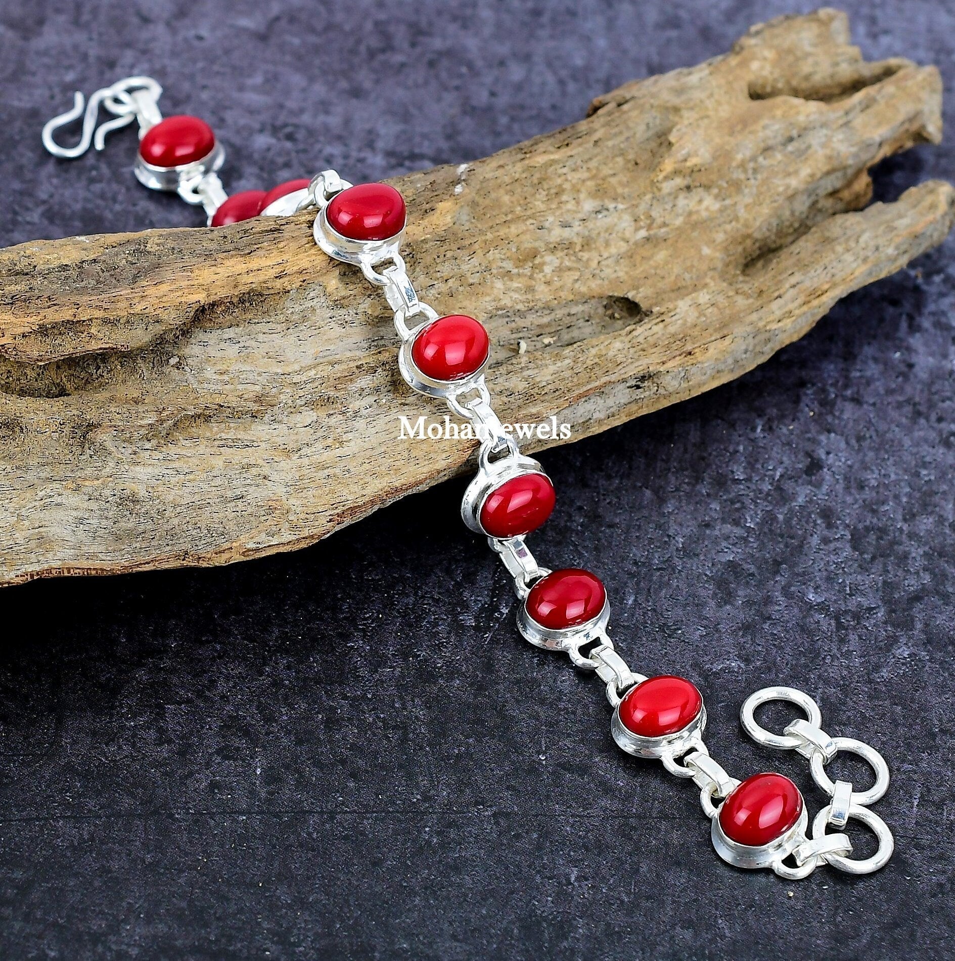 Coral Bracelet, Natural Coral Gemstone Silver Bracelet, Red Coral Healing Stone Bracelet, Protective Bracelet - Anniversary Gift For Women's