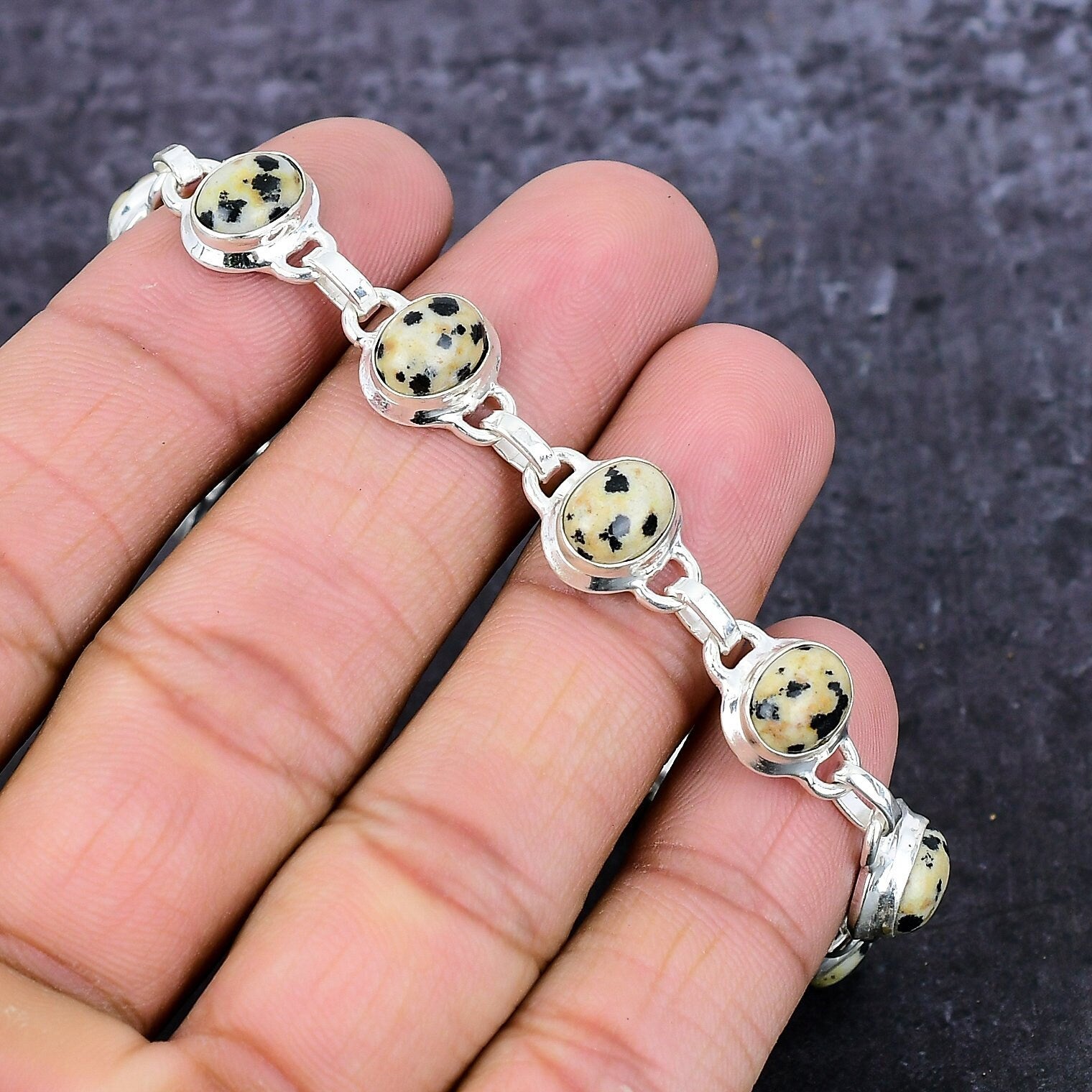 Dalmation Jasper, Natural Dalmation Jasper Silver Bracelet, Empowered Multi Stone Bracelet, White & Black Jasper, Gift Jewelry For Her