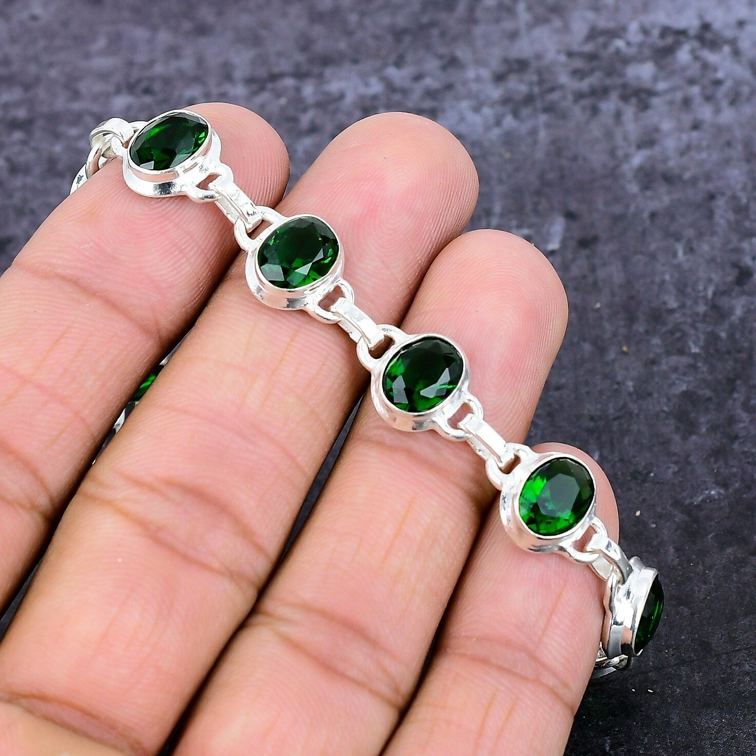 Diopside Bracelet, Chrome Diopside Silver Bracelet, 8*10 Oval Handmade Adjustable Chain Bracelet, Birthday Gift Jewelry,Fiance Gift bracelet