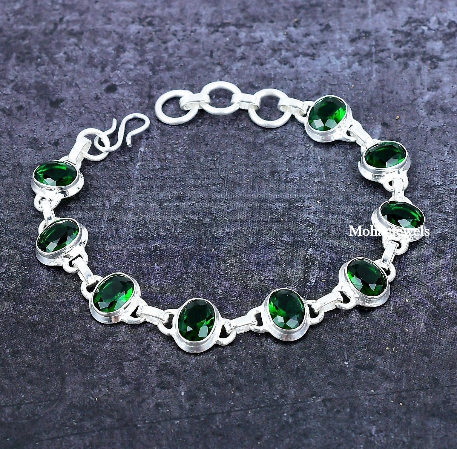 Diopside Bracelet, Chrome Diopside Silver Bracelet, 8*10 Oval Handmade Adjustable Chain Bracelet, Birthday Gift Jewelry,Fiance Gift bracelet