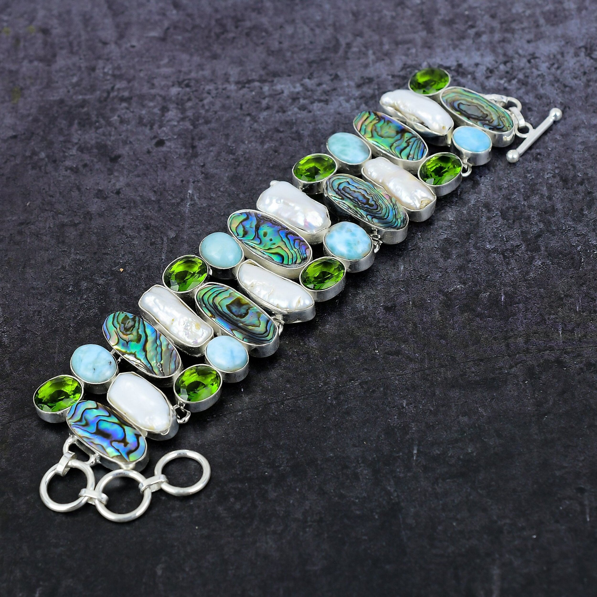 Abalone Shell Larimar Peridot & Pearl Silver Plated Bracelet, Multi Stone Statement Bracelet, Handmade Unique Designer Jewelry, Gift For Her