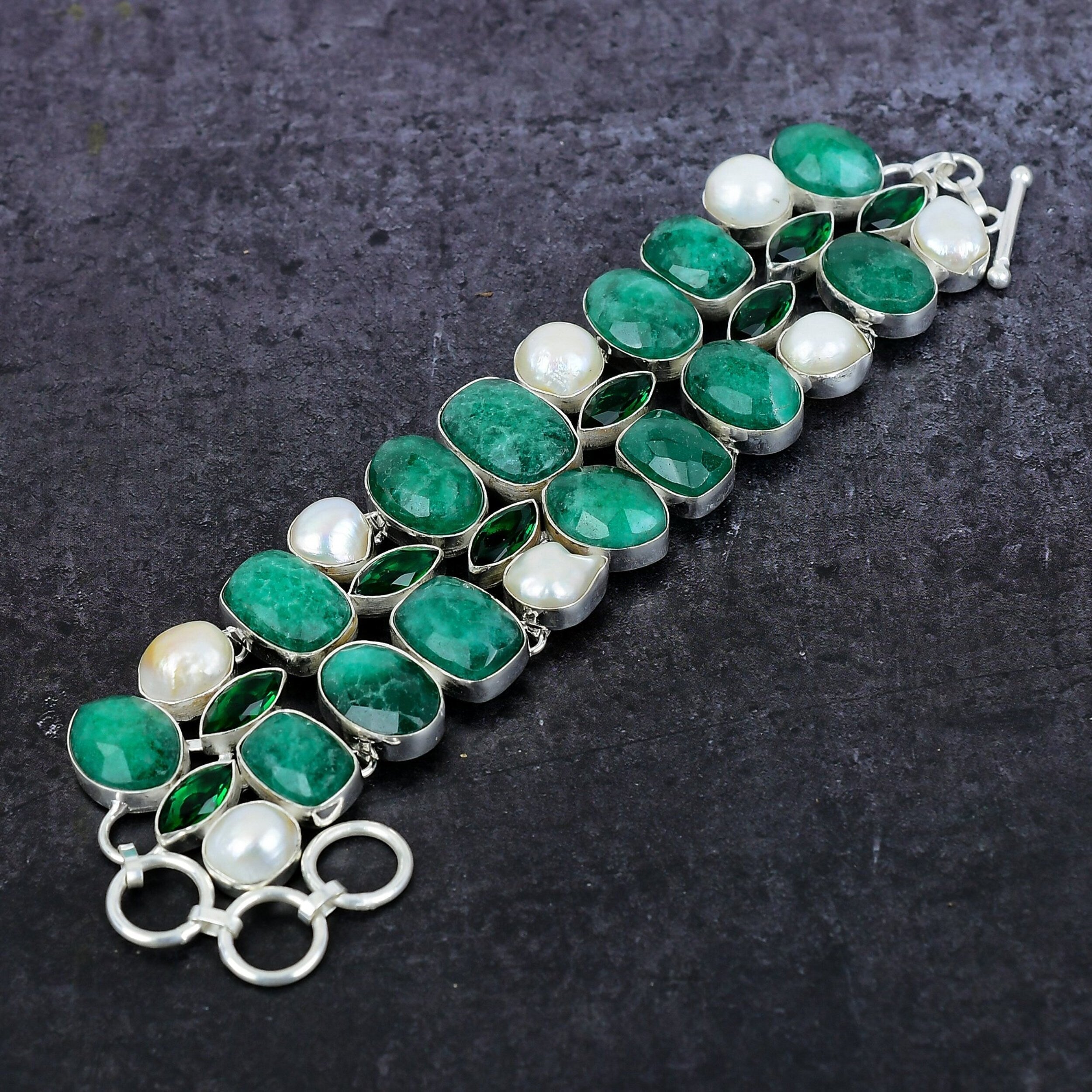 Emerald Bracelet, Natural Emerald & Peridot Silver Plated Bracelet, Handmade Unique Designer Jewelry, Adjustable Bracelet, Gift's for Women