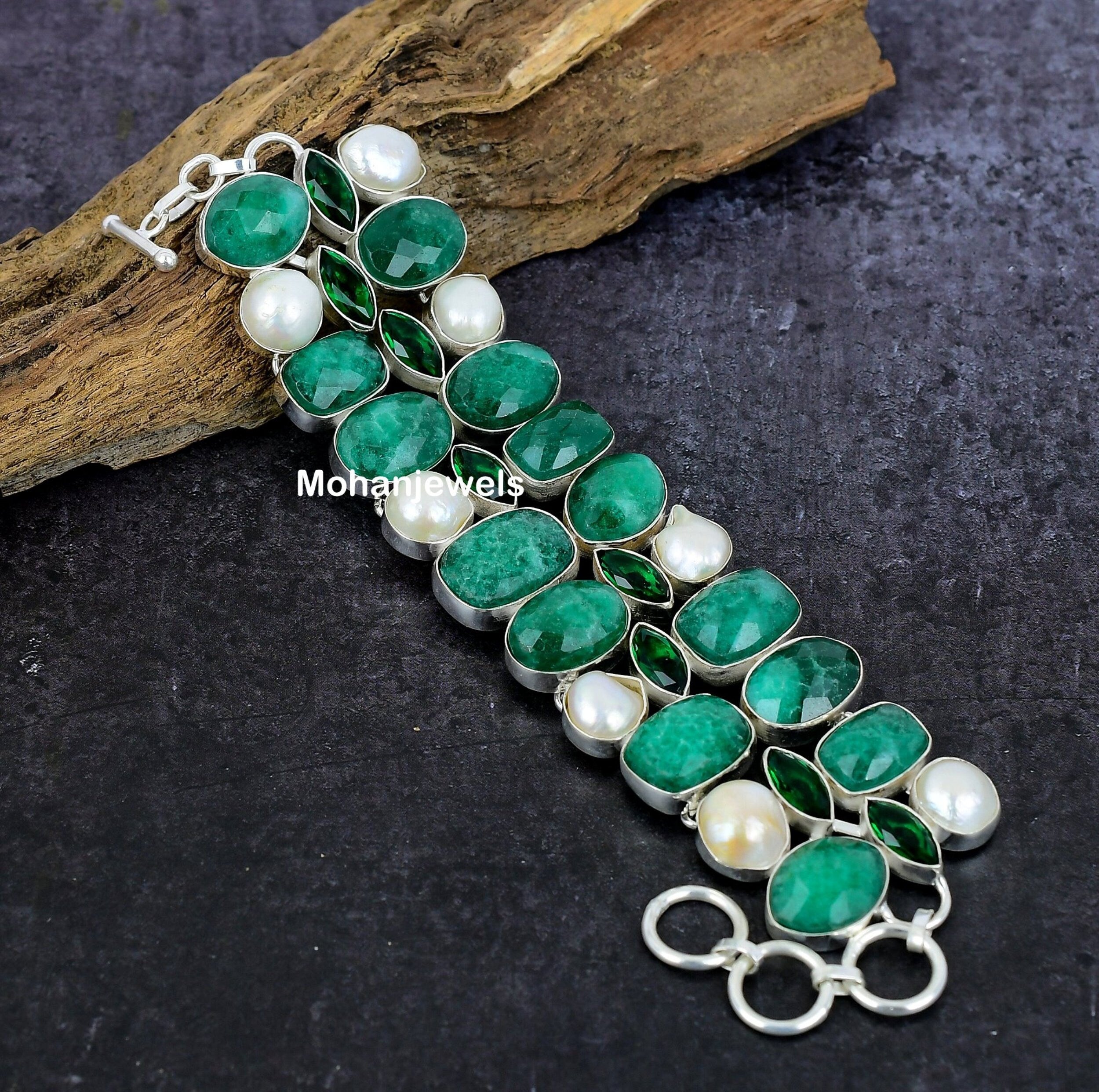 Emerald Bracelet, Natural Emerald & Peridot Silver Plated Bracelet, Handmade Unique Designer Jewelry, Adjustable Bracelet, Gift's for Women