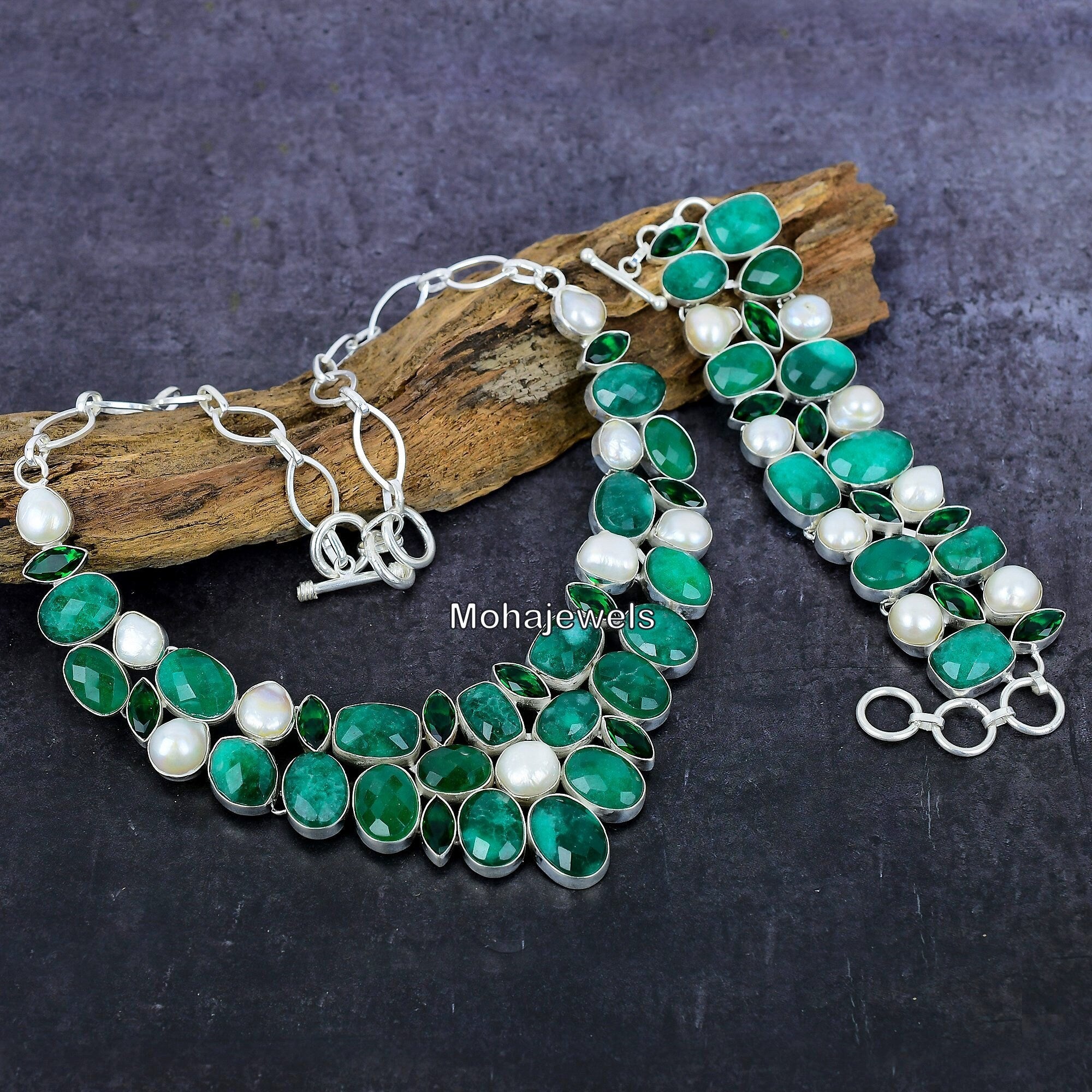 Emerald Jewelry, Emerald Pearl & Diopside Necklace Bracelet Jewelry, Indian Emerald Silver Party Wear Jewelry, Statement Necklace Gift Set