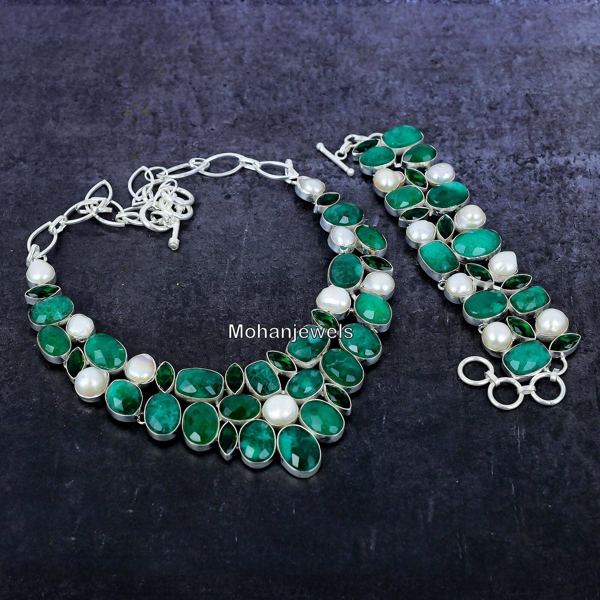 Emerald Jewelry, Emerald Pearl & Diopside Necklace Bracelet Jewelry, Indian Emerald Silver Party Wear Jewelry, Statement Necklace Gift Set