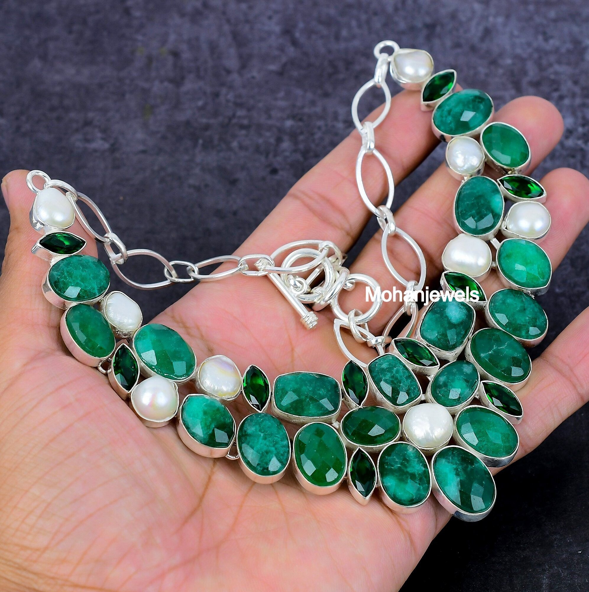 Emerald Jewelry, Emerald Pearl & Diopside Necklace Bracelet Jewelry, Indian Emerald Silver Party Wear Jewelry, Statement Necklace Gift Set