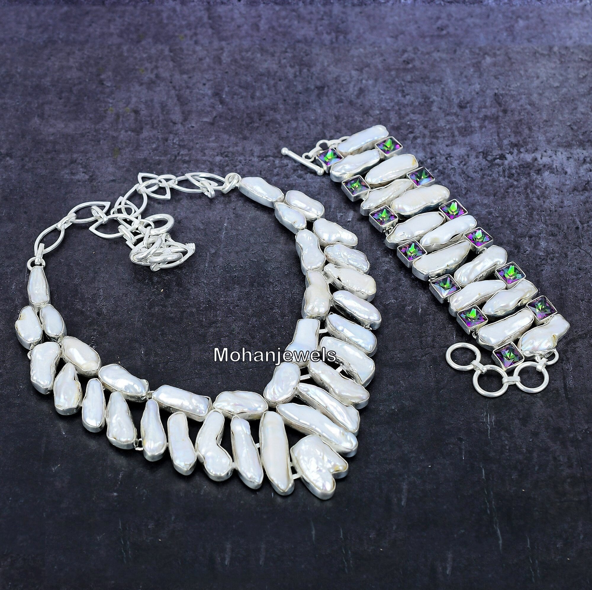 Pearl Jewelry, White Pearl Mystic Topaz Necklace Bracelet Jewelry, Fresh Water Pearl Silver Necklace, Mother's Gift, Unique Designer Jewelry