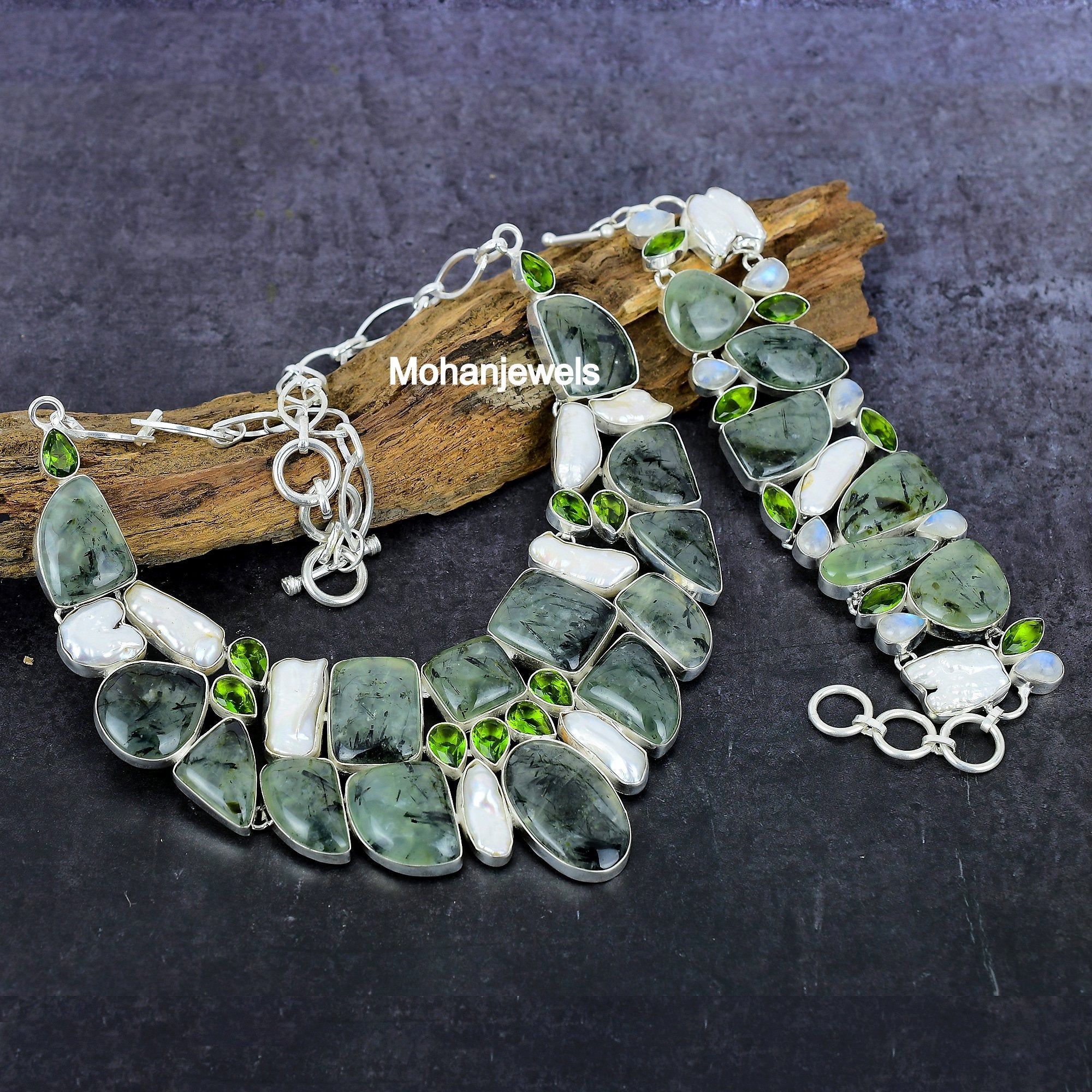 Prehnite Necklace, Prehnite Biwa Pearl Peridot Necklace Bracelet Jewelry, Handmade Multi Stone Necklace, Birthday Gift, Unique Gift Jewelry