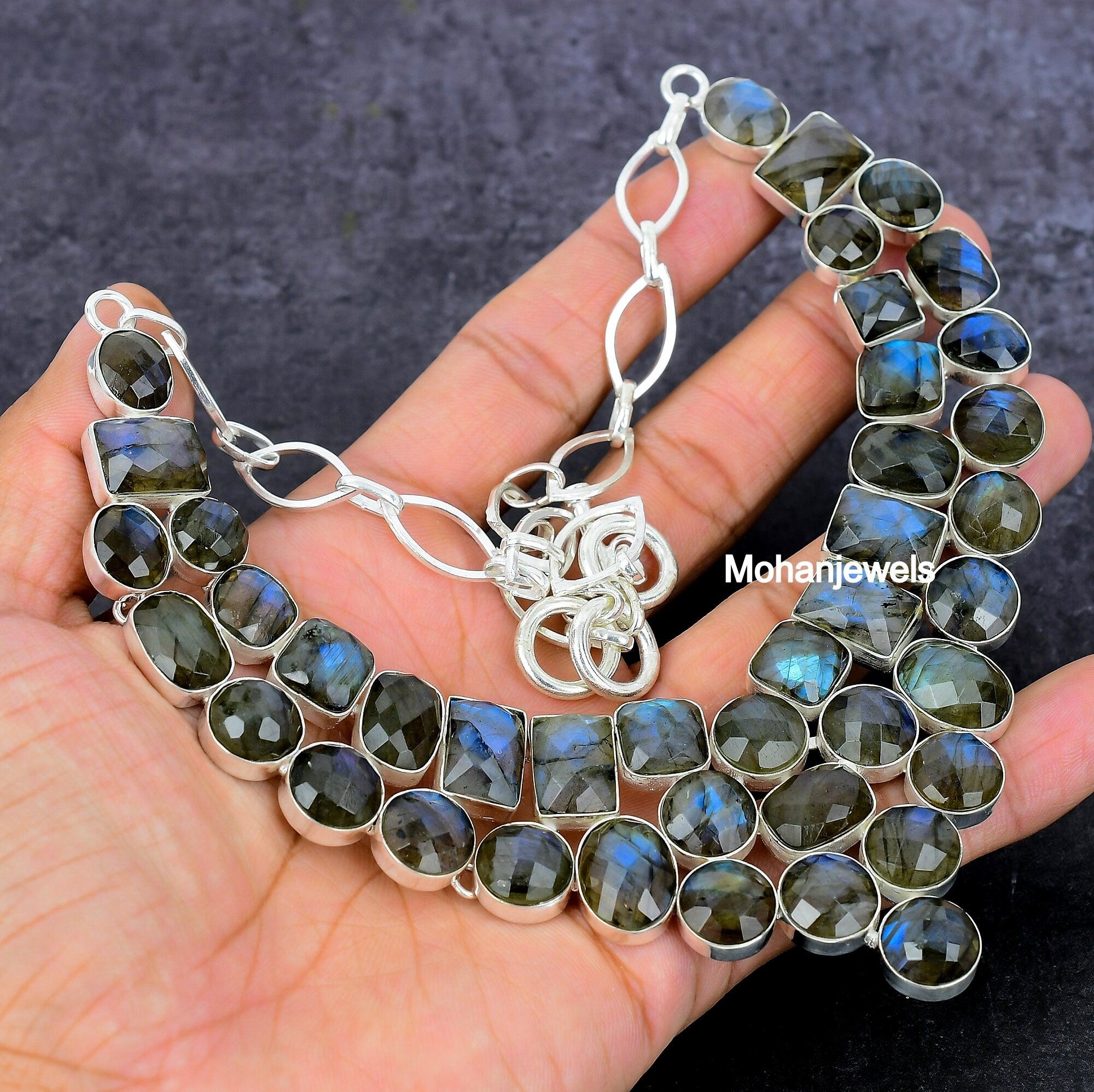 Labradorite Necklace, Faceted Labradorite Silver Necklace Bracelet Set, Blue Flashy Crystal Gemstone, Fashion Wiccan Jewelry, Gift For Her