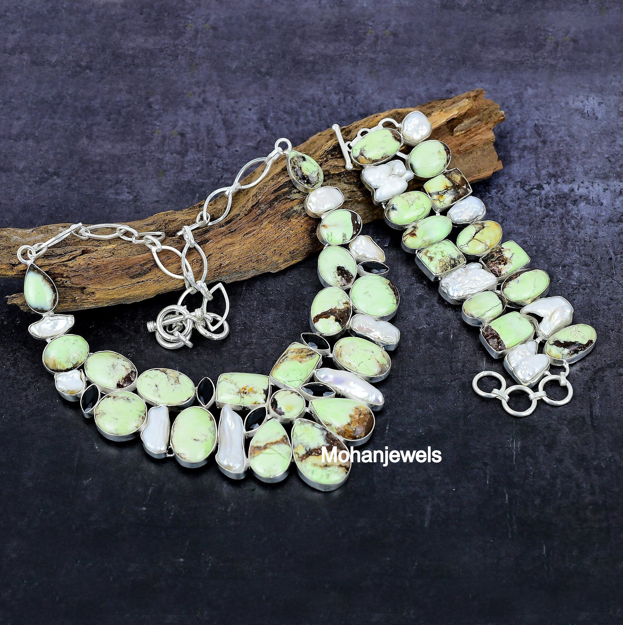 Lemon Chrysoprase Necklace, Natural Chrysoprase Pearl & Black Onyx Multi Stone Necklace Bracelet Set, Silver Plated Jewelry, Gift For Her