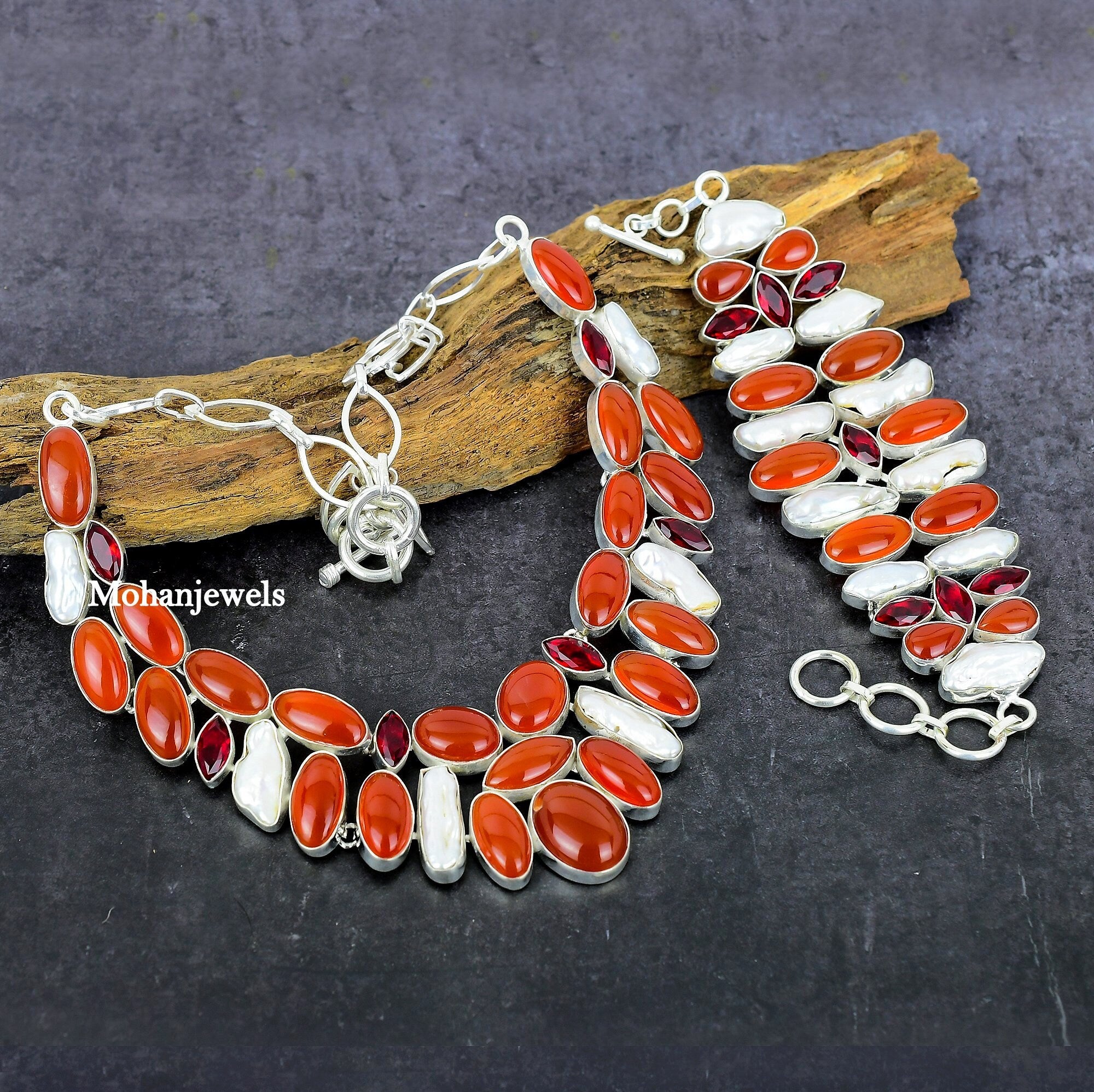 Carnelian Biwa Pearl Garnet Necklace Set, Natural Orange Carnelian & Multi Stone Necklace Bracelet Jewelry Set , Choker Women Wedding Gift's