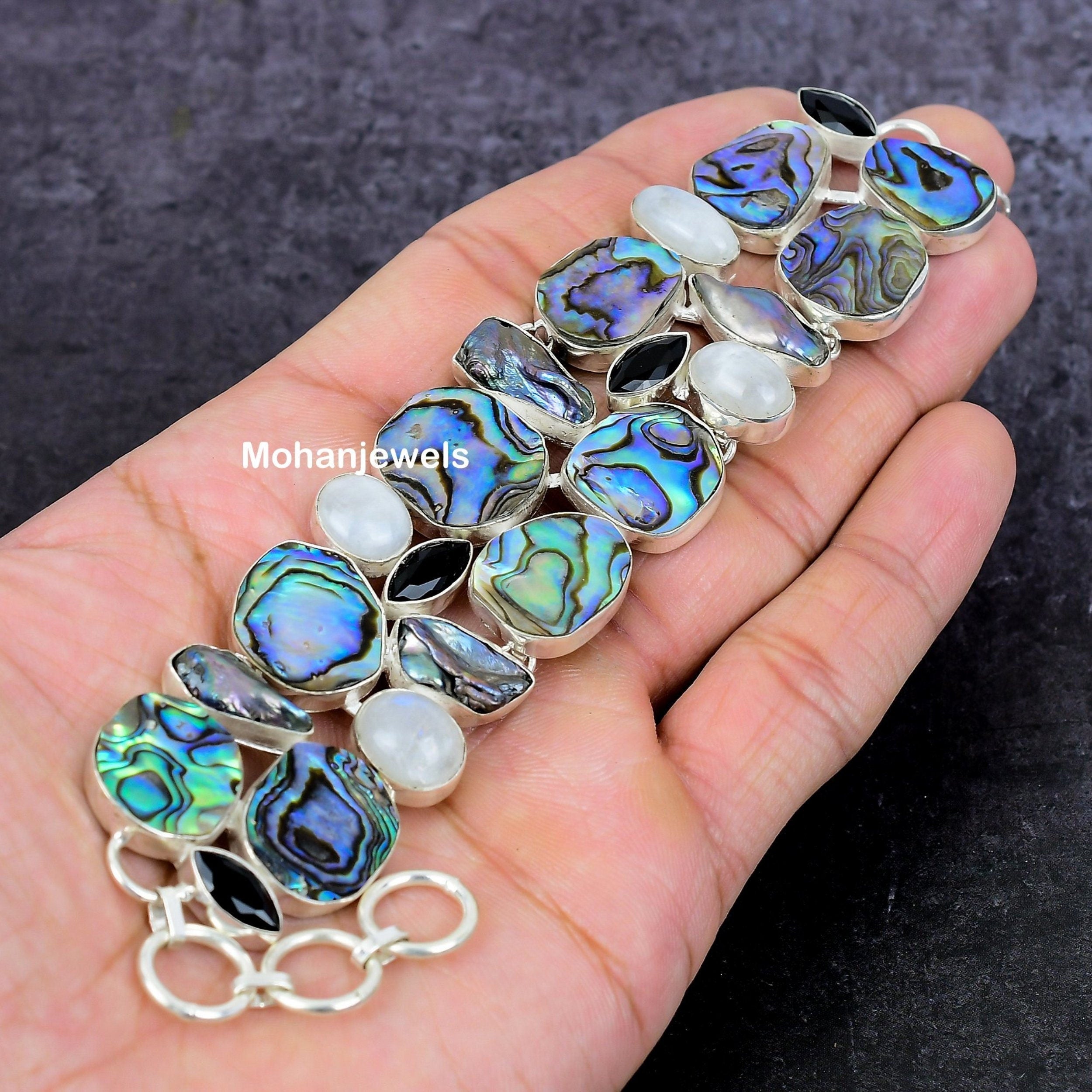 Abalone Shell Bracelet, Avalone Moonstone & Pearl Silver Plated Bracelet, Multi Stone Statement Bracelet, Unique Design Jewelry,Gift For Her