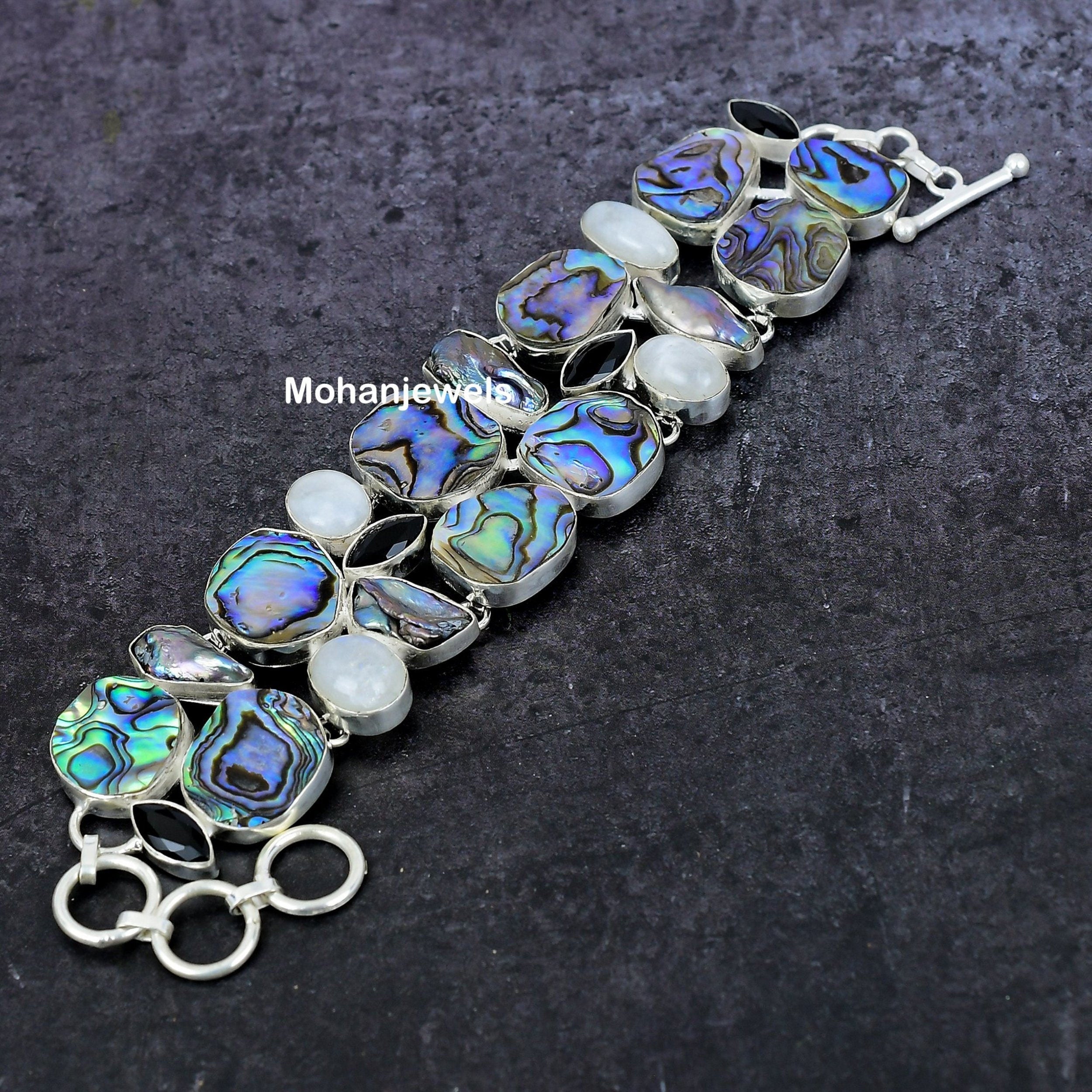 Abalone Shell Bracelet, Avalone Moonstone & Pearl Silver Plated Bracelet, Multi Stone Statement Bracelet, Unique Design Jewelry,Gift For Her