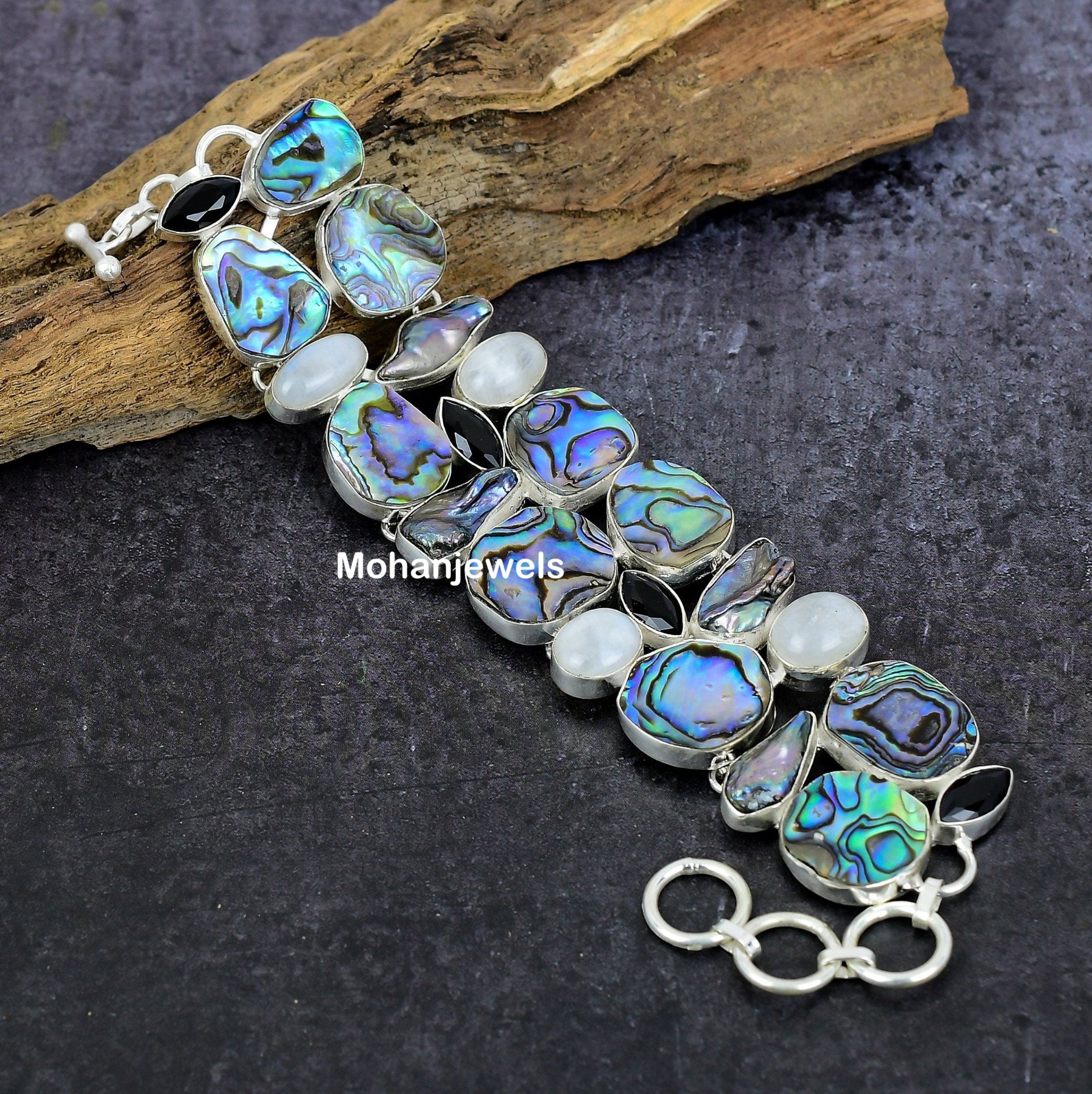 Abalone Shell Bracelet, Avalone Moonstone & Pearl Silver Plated Bracelet, Multi Stone Statement Bracelet, Unique Design Jewelry,Gift For Her