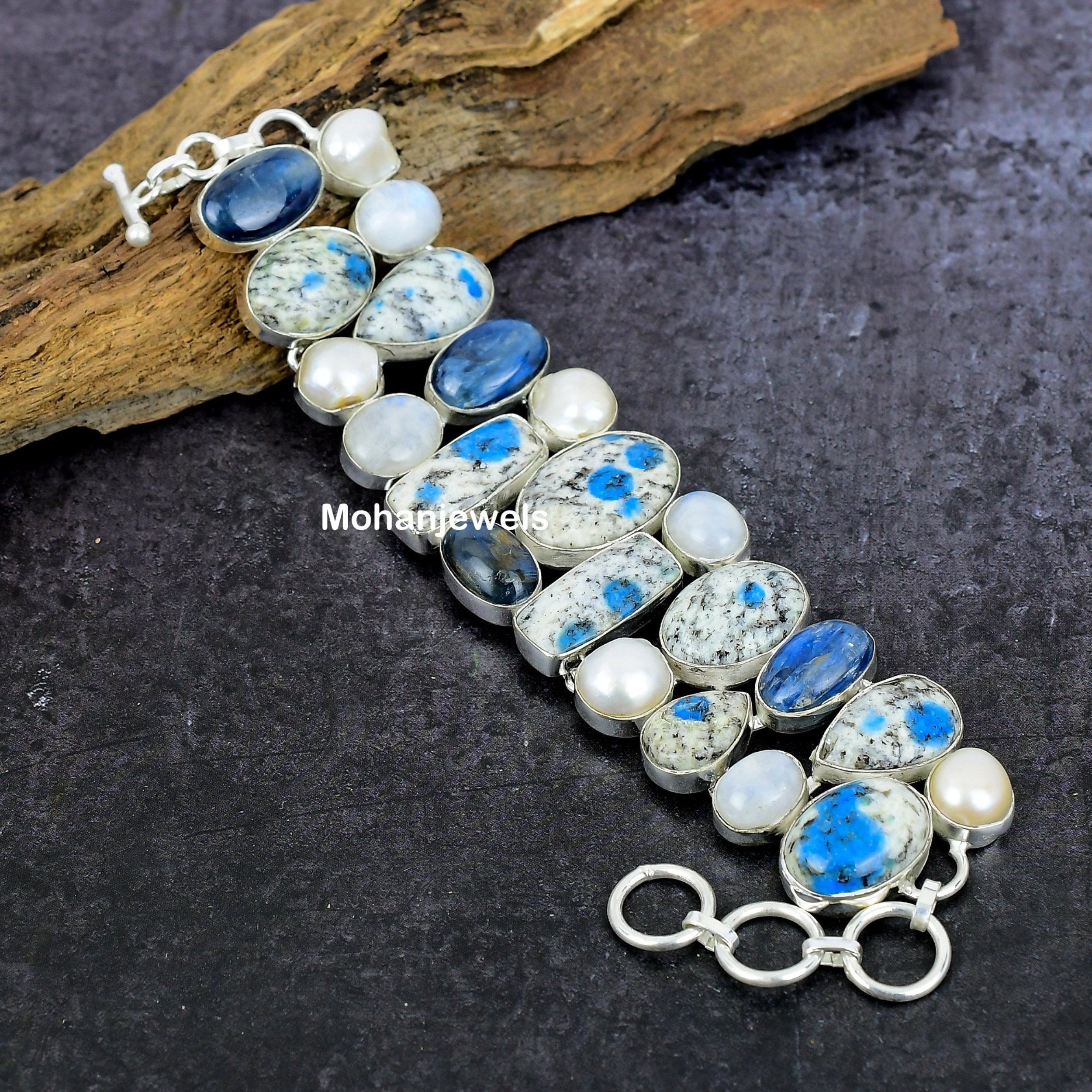 K2 Azurite Bracelet, K2 Jasper Kyanite & Moonstone Silver Plated Bracelet, Multi Stone Handmade Bracelet, Unique Designer Gift For Her