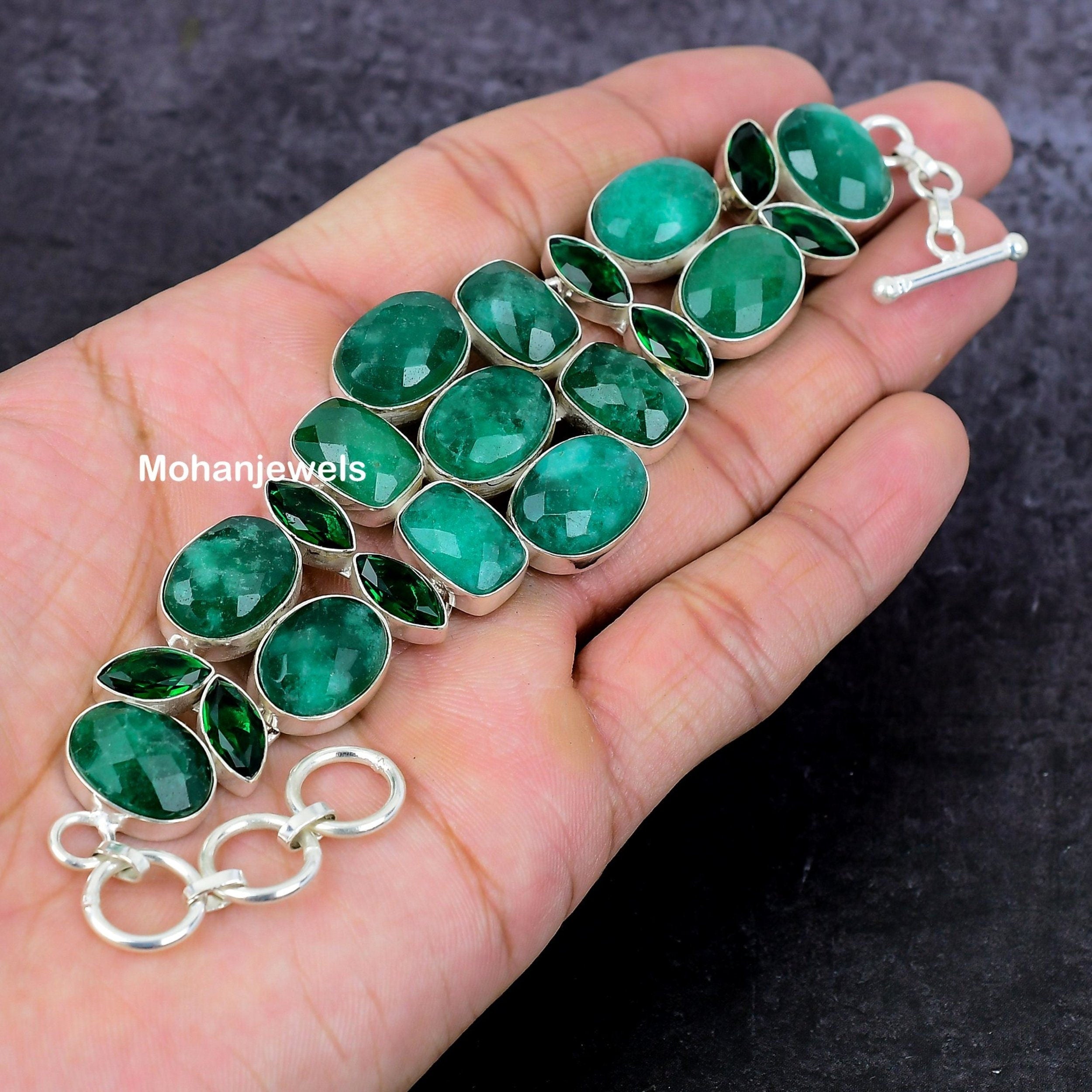 Emerald Bracelet, Natural Indian Emerald Silver Plated Bracelet, Unique Designer Jewelry,Adjustable Bracelet, Sakota Emerald, Gift's for Her