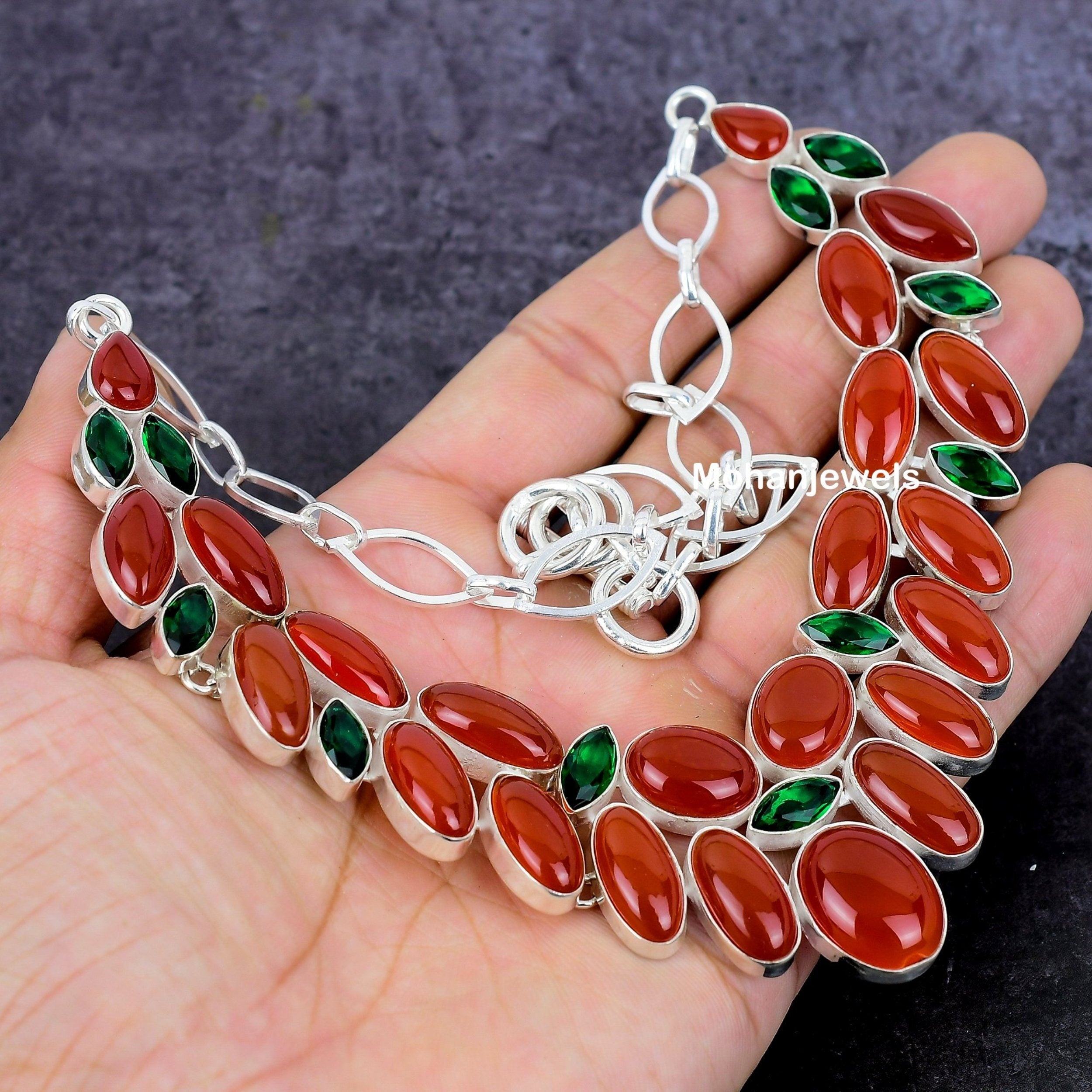 Carnelian Necklace, Natural Carnelian Diopside Silver Plated Necklace, Orange Carnelian Necklace, Multi Stone Gift Jewelry For Women