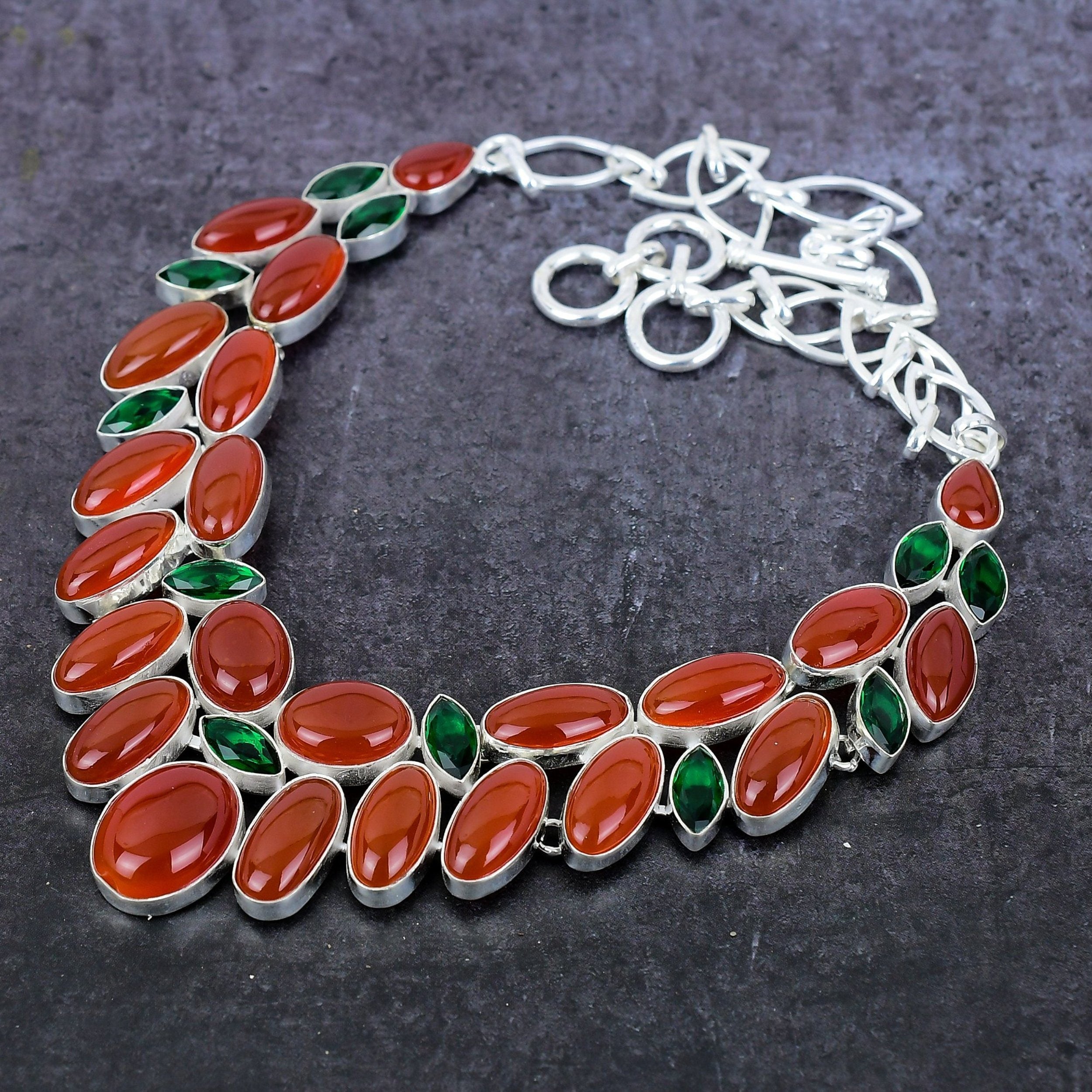 Carnelian Necklace, Natural Carnelian Diopside Silver Plated Necklace, Orange Carnelian Necklace, Multi Stone Gift Jewelry For Women