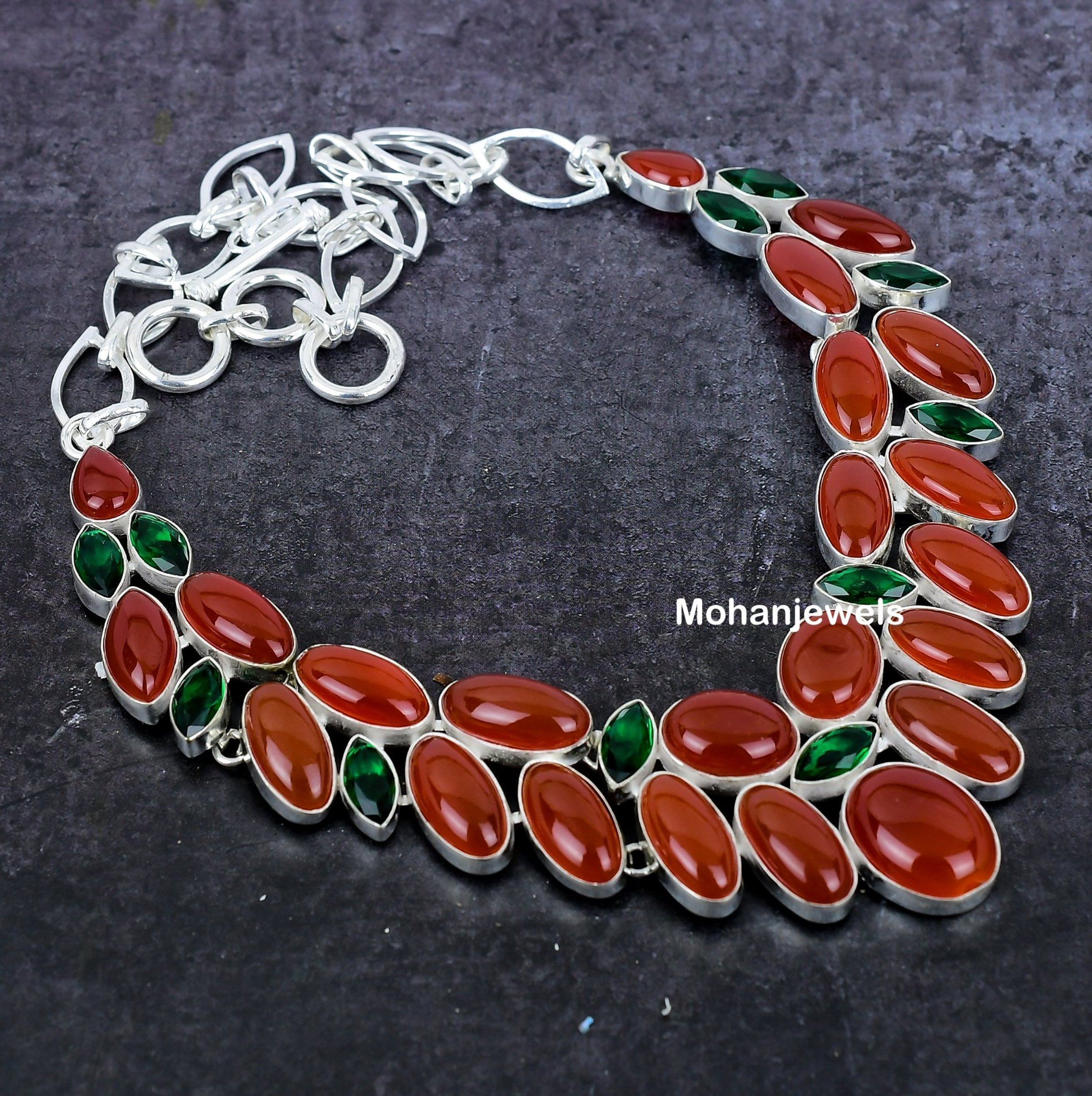 Carnelian Necklace, Natural Carnelian Diopside Silver Plated Necklace, Orange Carnelian Necklace, Multi Stone Gift Jewelry For Women