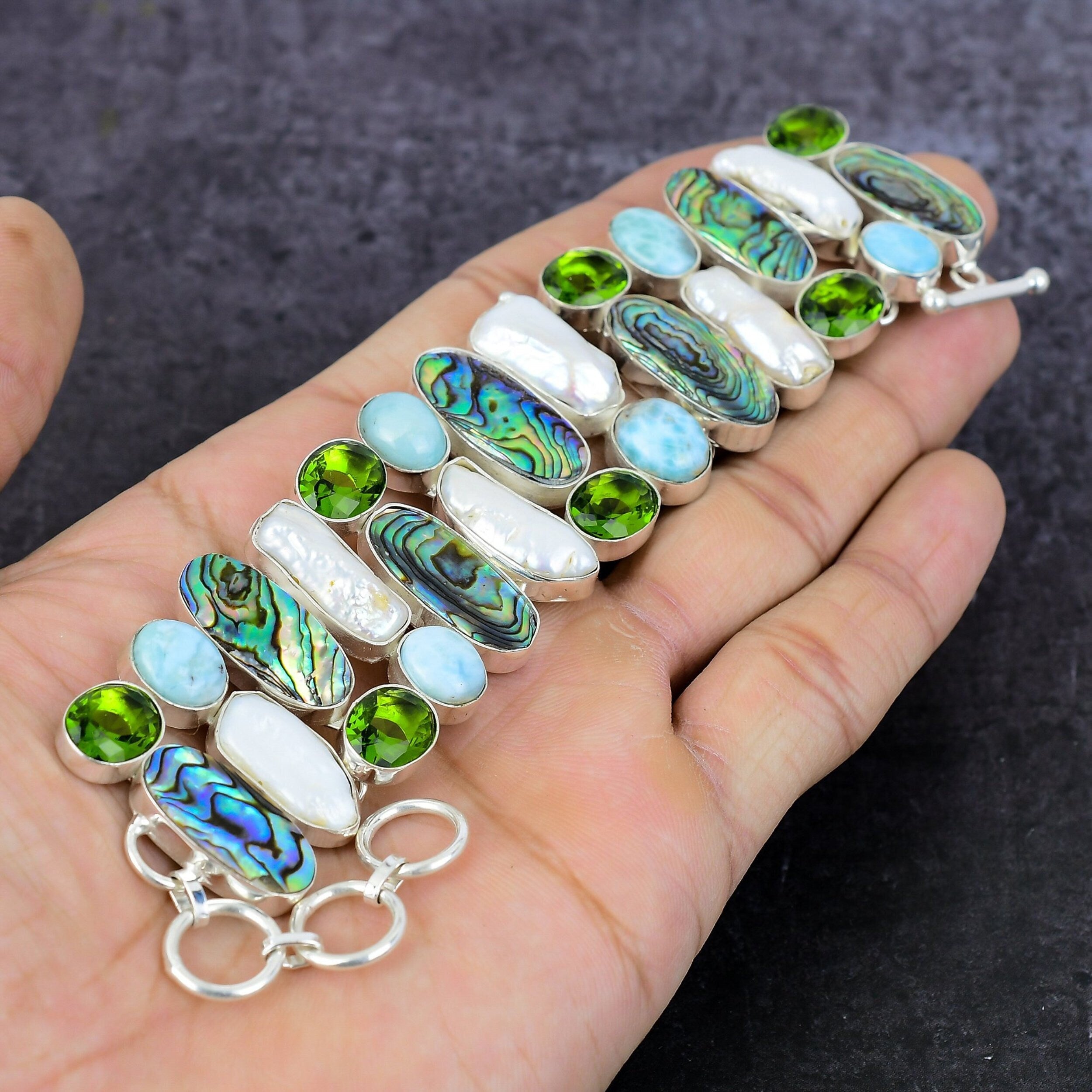 Abalone Shell Larimar Peridot & Pearl Silver Plated Bracelet, Multi Stone Statement Bracelet, Handmade Unique Designer Jewelry, Gift For Her