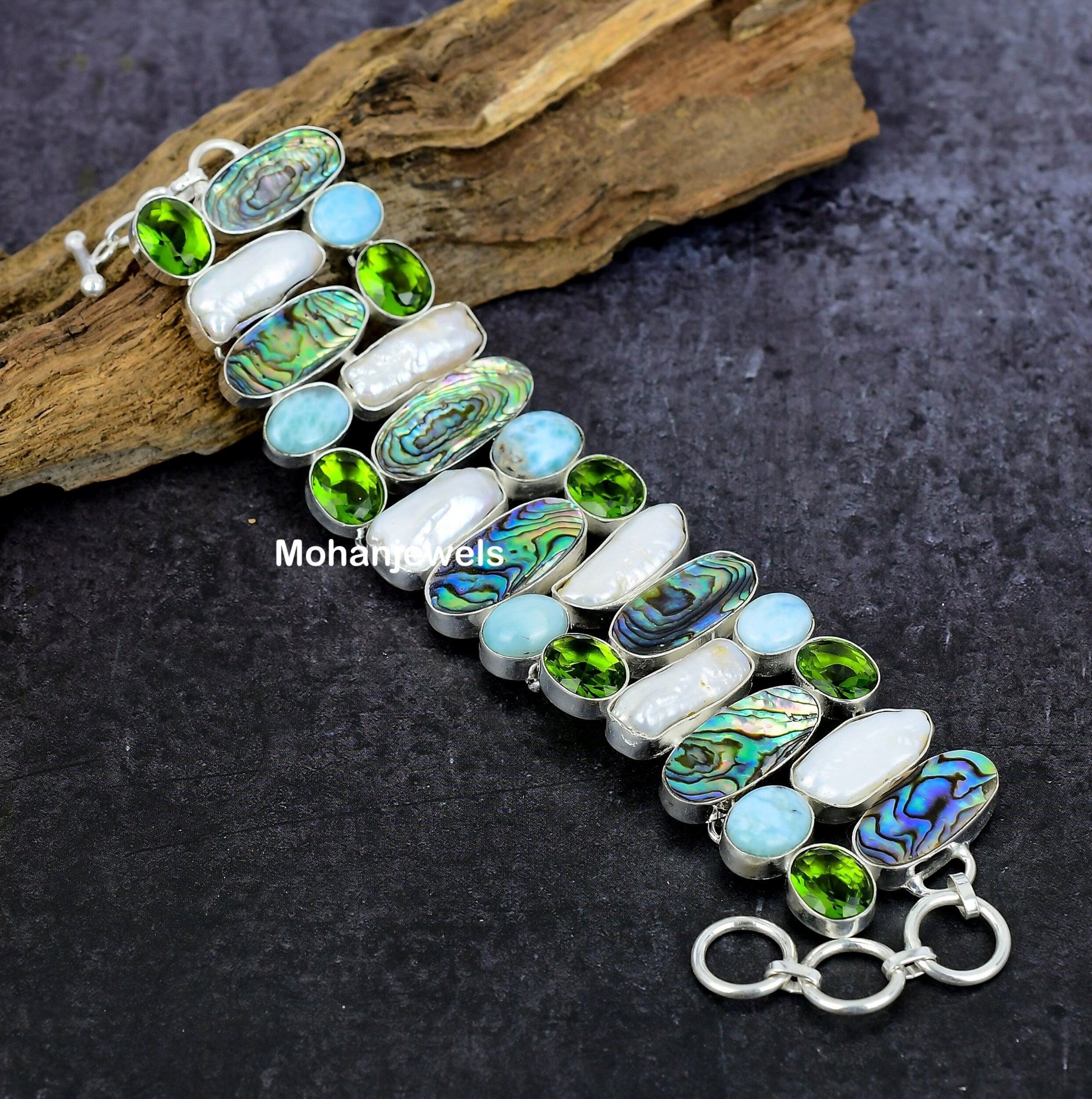 Abalone Shell Larimar Peridot & Pearl Silver Plated Bracelet, Multi Stone Statement Bracelet, Handmade Unique Designer Jewelry, Gift For Her