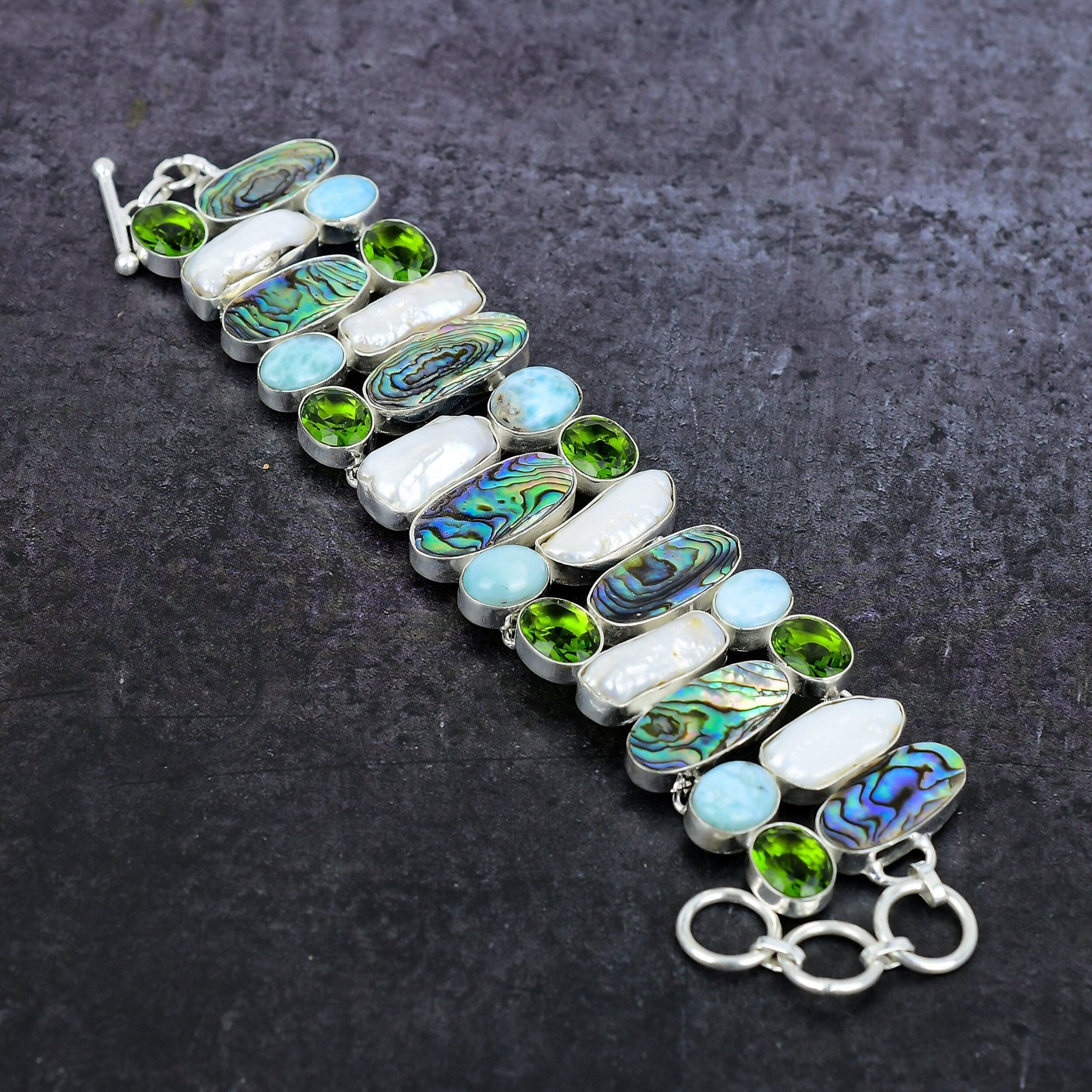 Abalone Shell Larimar Peridot & Pearl Silver Plated Bracelet, Multi Stone Statement Bracelet, Handmade Unique Designer Jewelry, Gift For Her