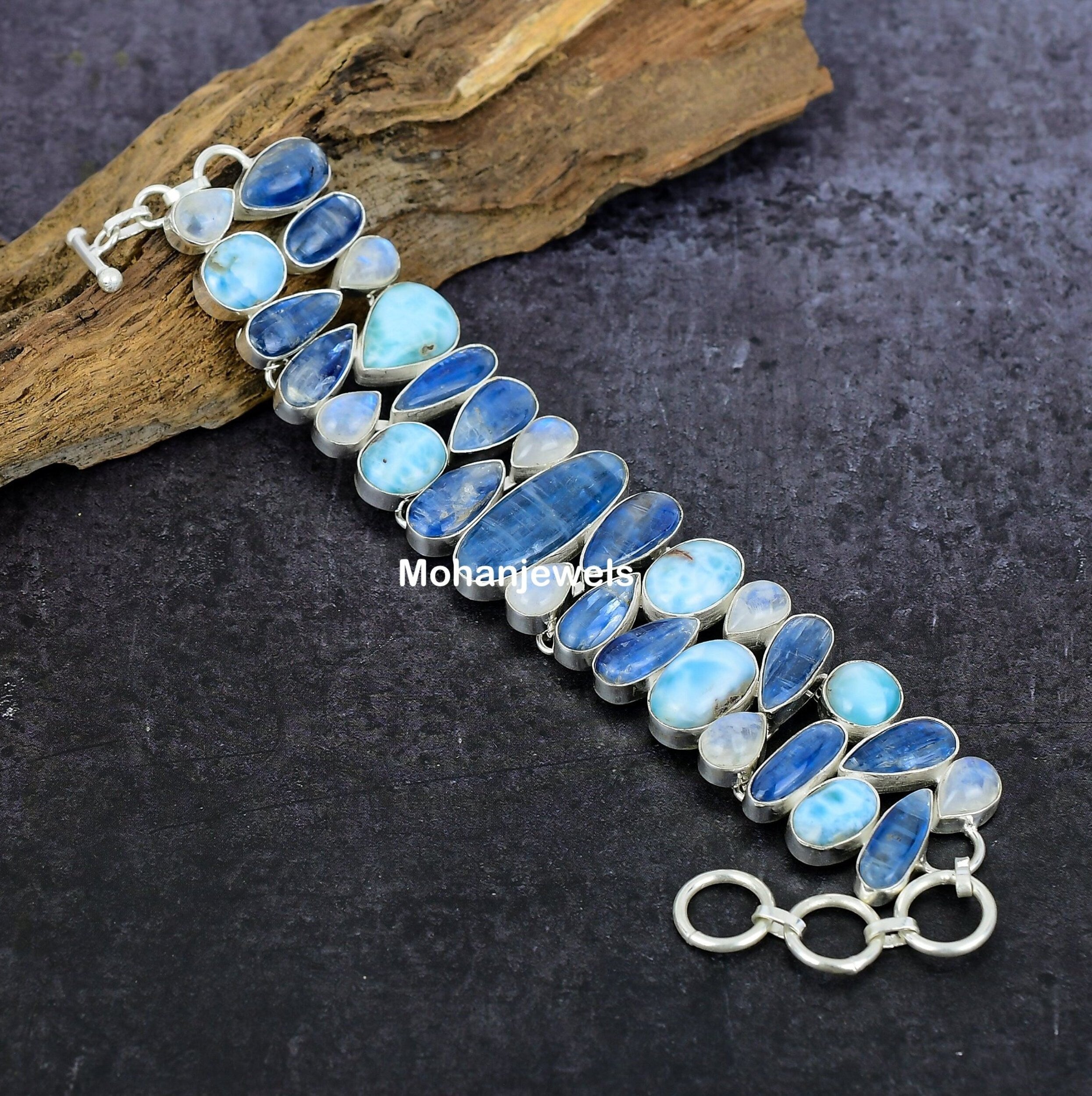 Kyanite Bracelet, Natural Kyanite Larimar & Moonstone Silver Plated Bracelet, Handmade Multi Stone Statement Jewelry, Wedding Gift For Her