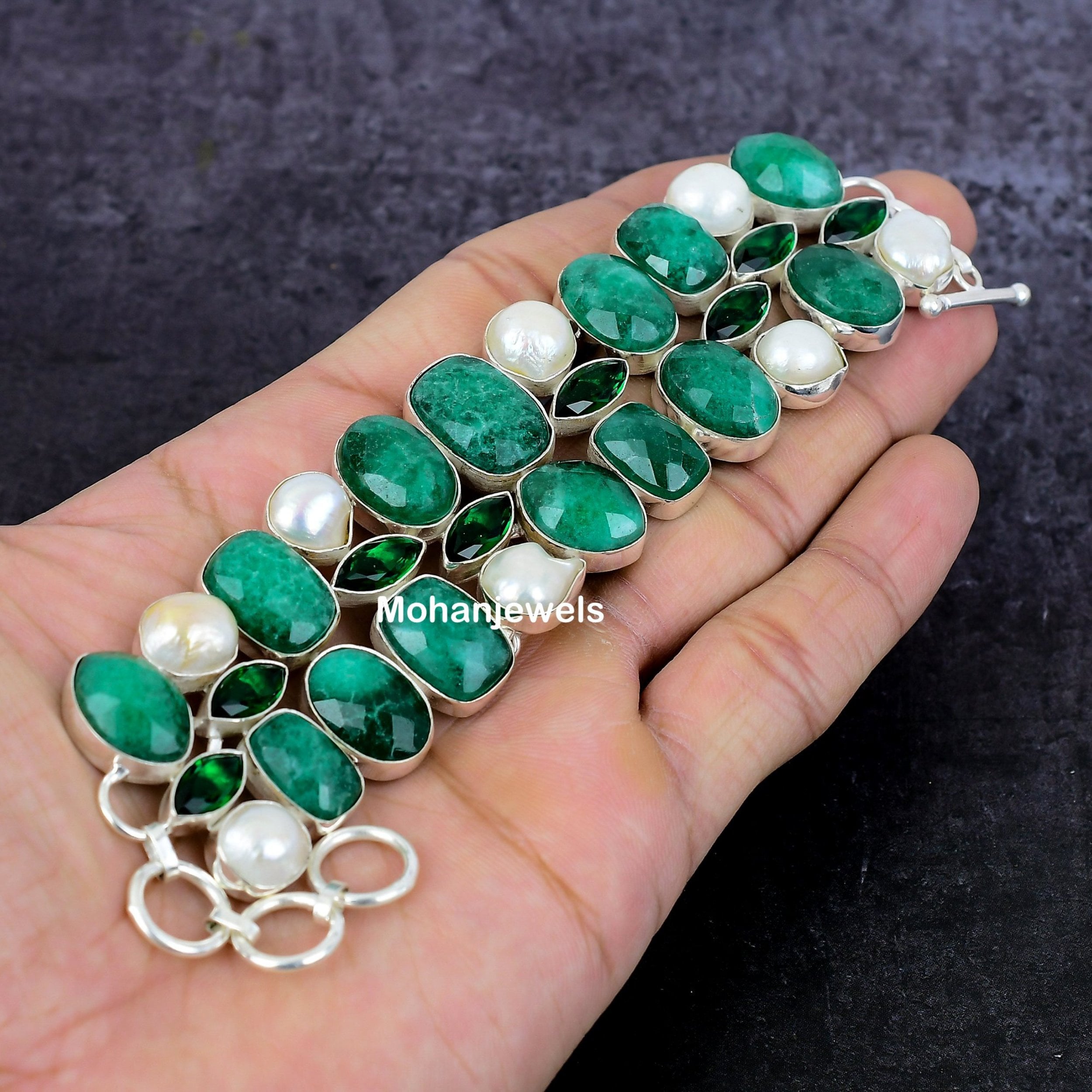 Emerald Bracelet, Natural Emerald & Peridot Silver Plated Bracelet, Handmade Unique Designer Jewelry, Adjustable Bracelet, Gift's for Women