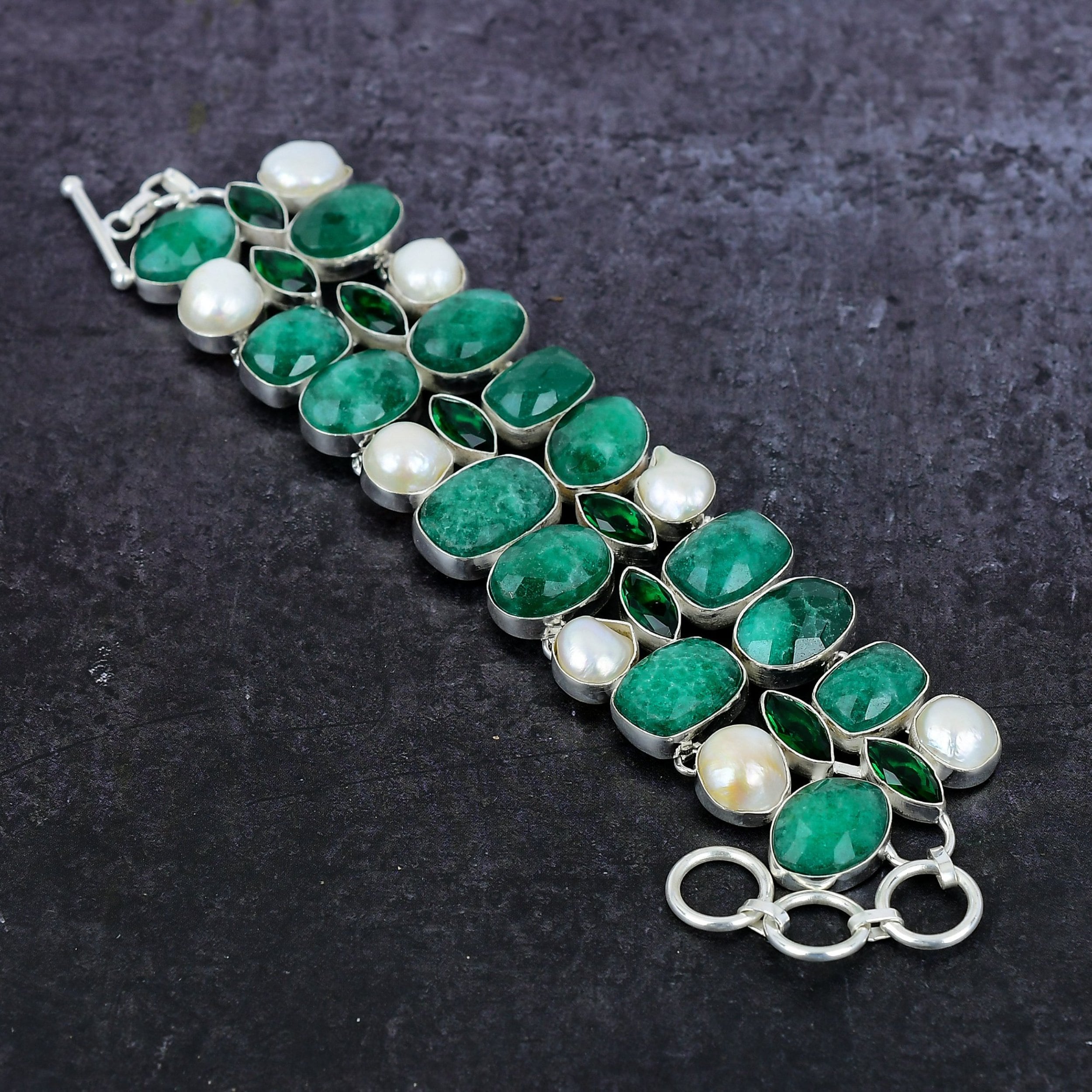 Emerald Bracelet, Natural Emerald & Chrome Diopside Pearl Silver Plated Bracelet, Handcrafted Unique Designer Jewelry, Birthday Gift for Her