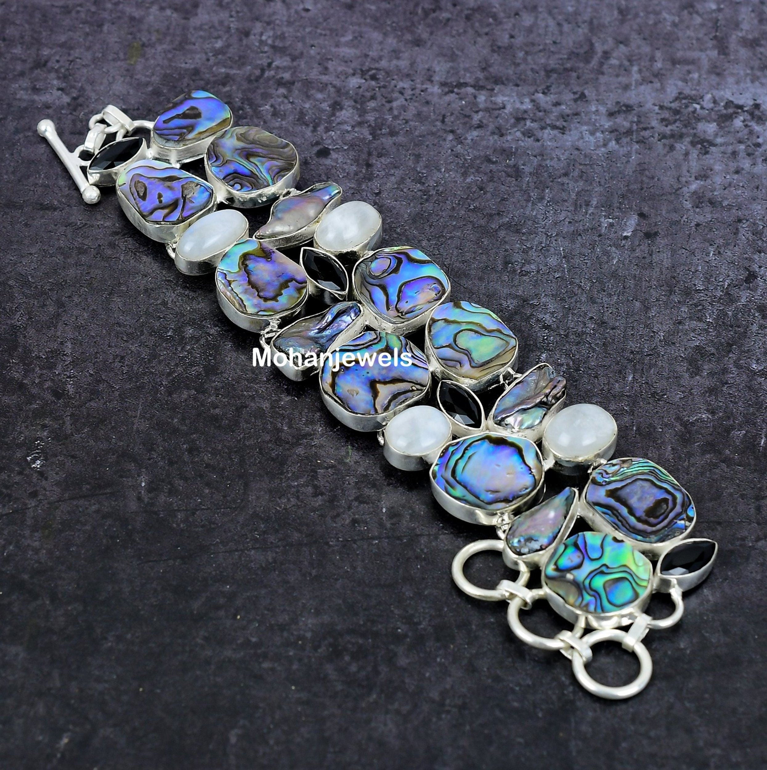 Abalone Shell Bracelet, Avalone Moonstone & Pearl Silver Plated Bracelet, Multi Stone Statement Bracelet, Unique Design Jewelry,Gift For Her