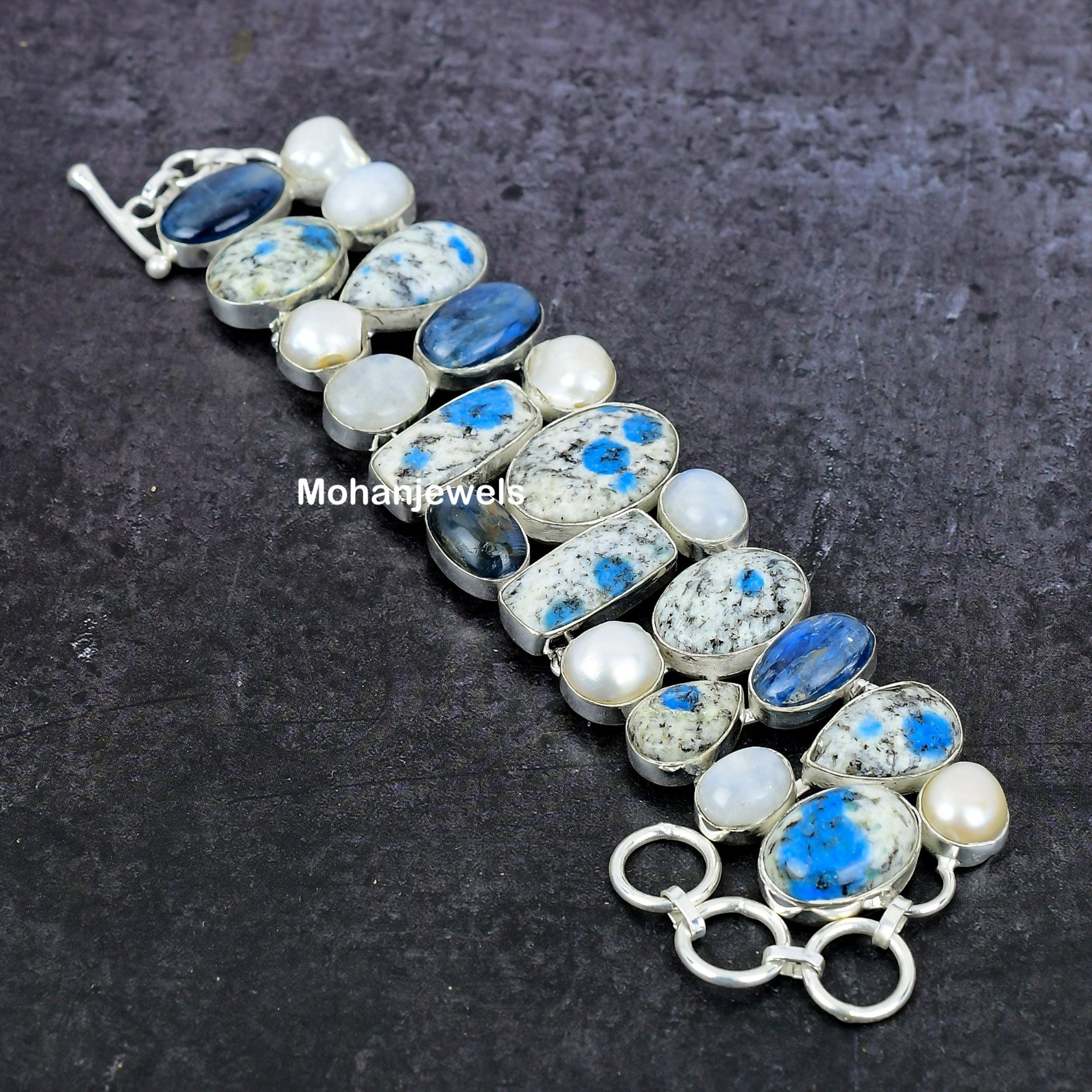 K2 Azurite Bracelet, K2 Jasper Kyanite & Moonstone Silver Plated Bracelet, Multi Stone Handmade Bracelet, Unique Designer Gift For Her