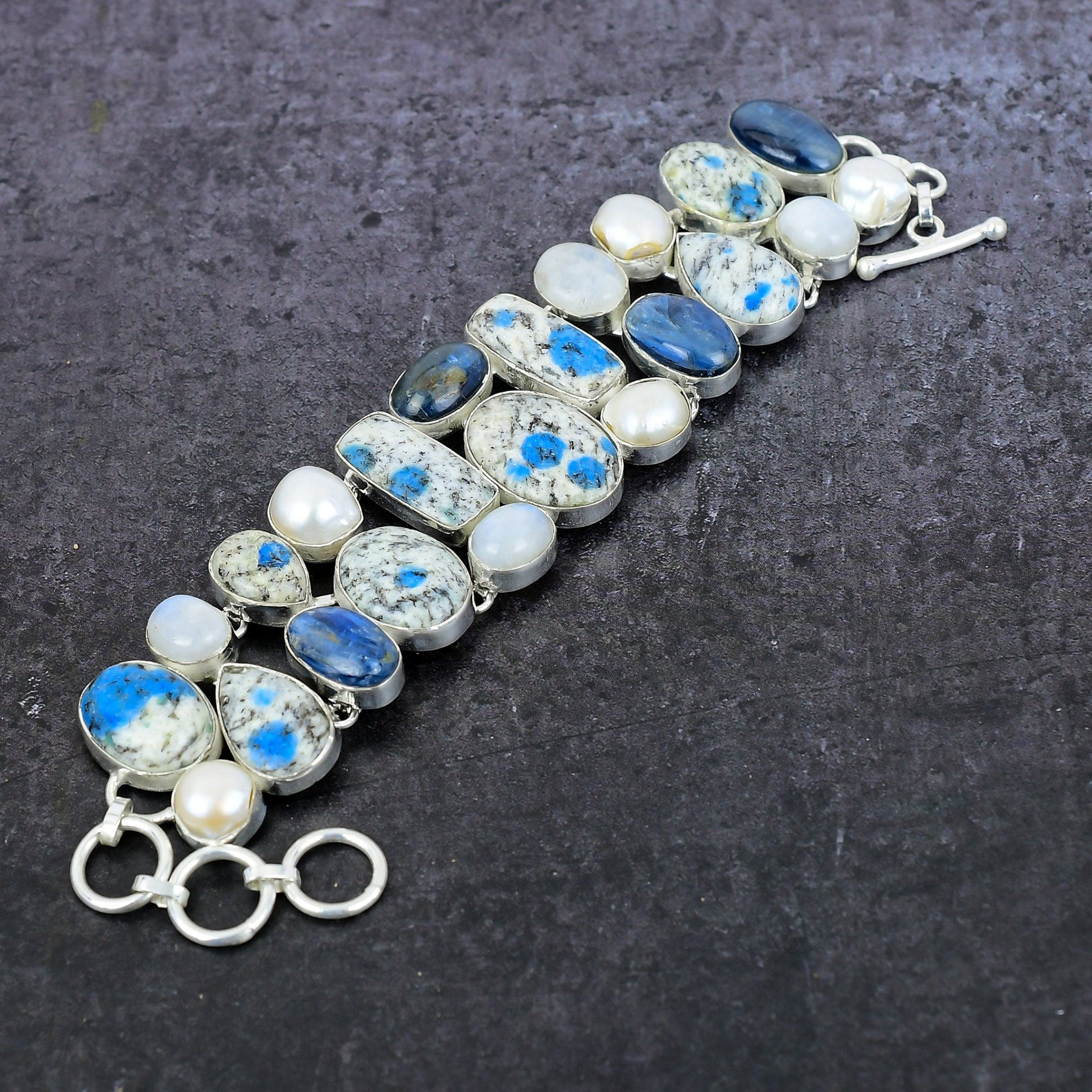 K2 Azurite Bracelet, K2 Jasper Kyanite & Moonstone Silver Plated Bracelet, Multi Stone Handmade Bracelet, Unique Designer Gift For Her