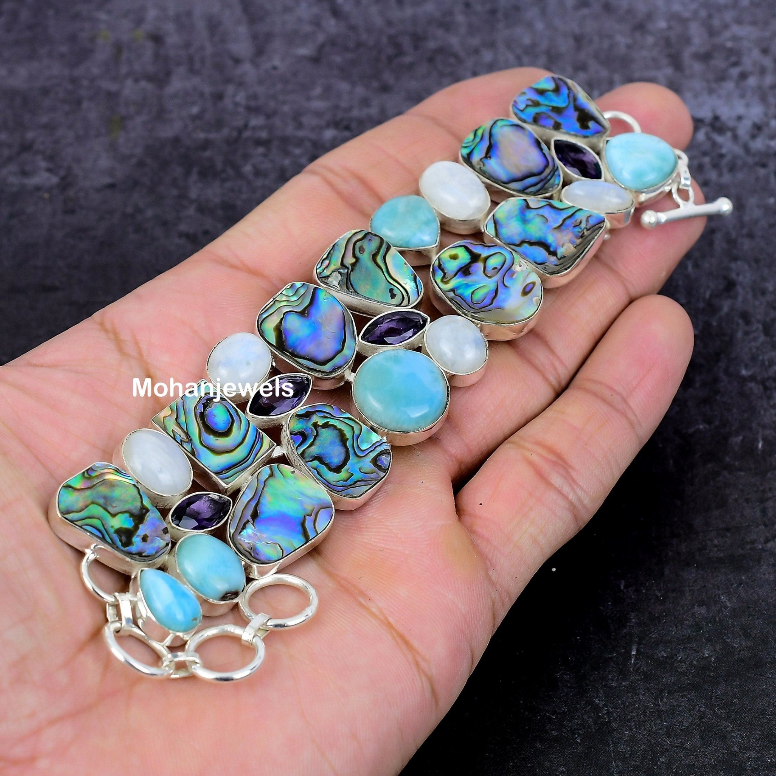 Abalone Shell Bracelet, Avalone Larimar & Moonstone Silver Bracelet, Multi Stone Statement Bracelet, Unique Design Jewelry, Unqiue Gift Idea