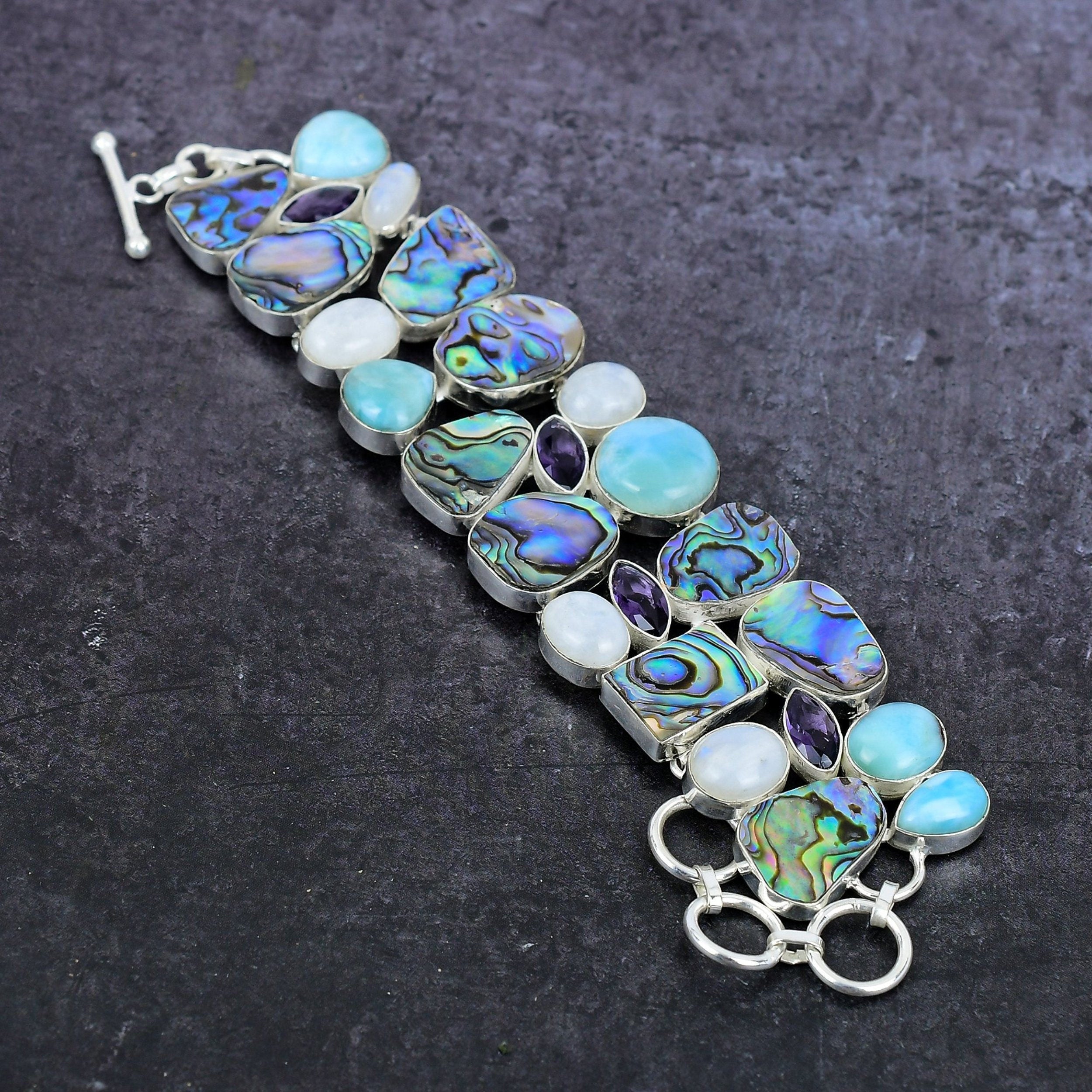 Abalone Shell Bracelet, Avalone Larimar & Moonstone Silver Bracelet, Multi Stone Statement Bracelet, Unique Design Jewelry, Unqiue Gift Idea