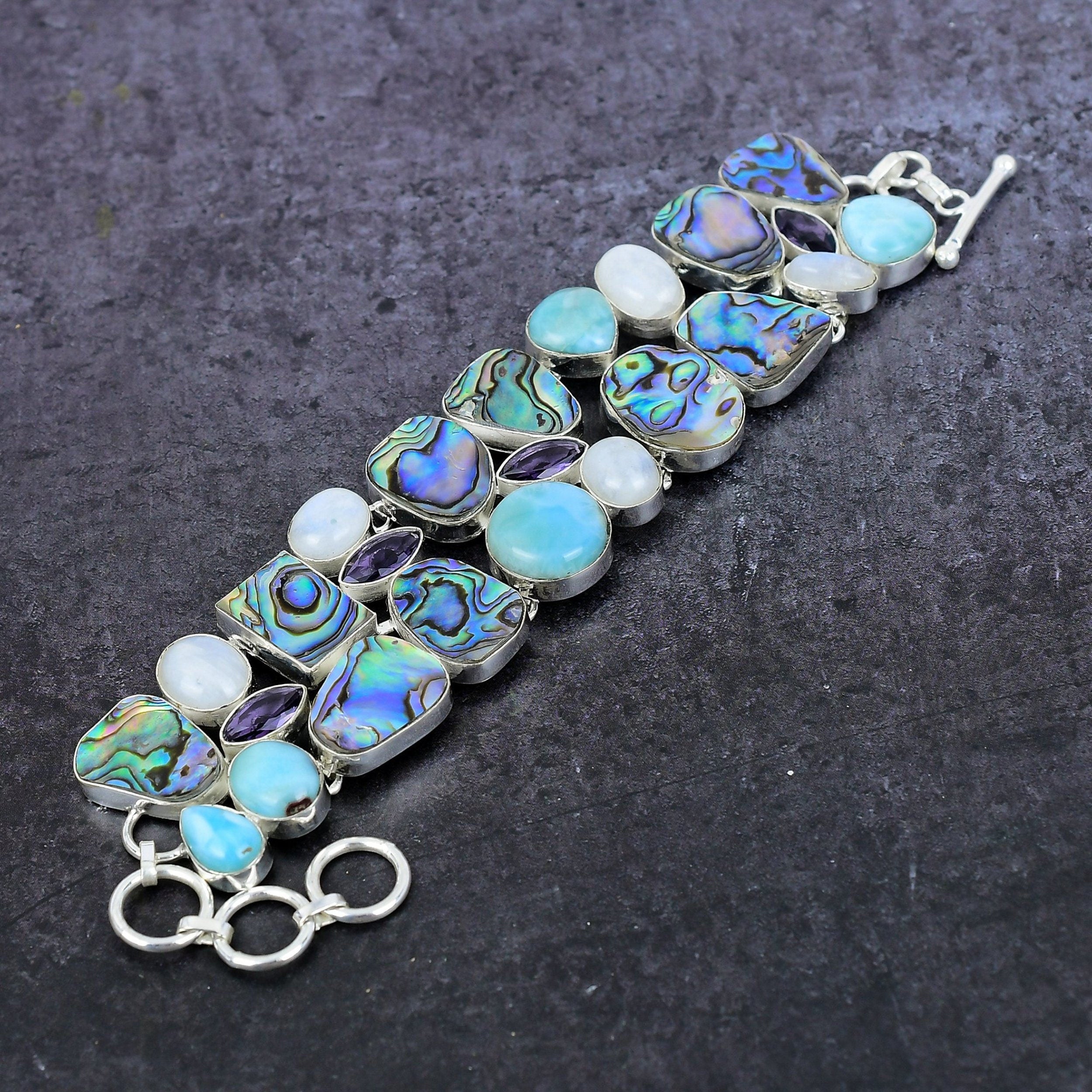 Abalone Shell Bracelet, Avalone Larimar & Moonstone Silver Bracelet, Multi Stone Statement Bracelet, Unique Design Jewelry, Unqiue Gift Idea