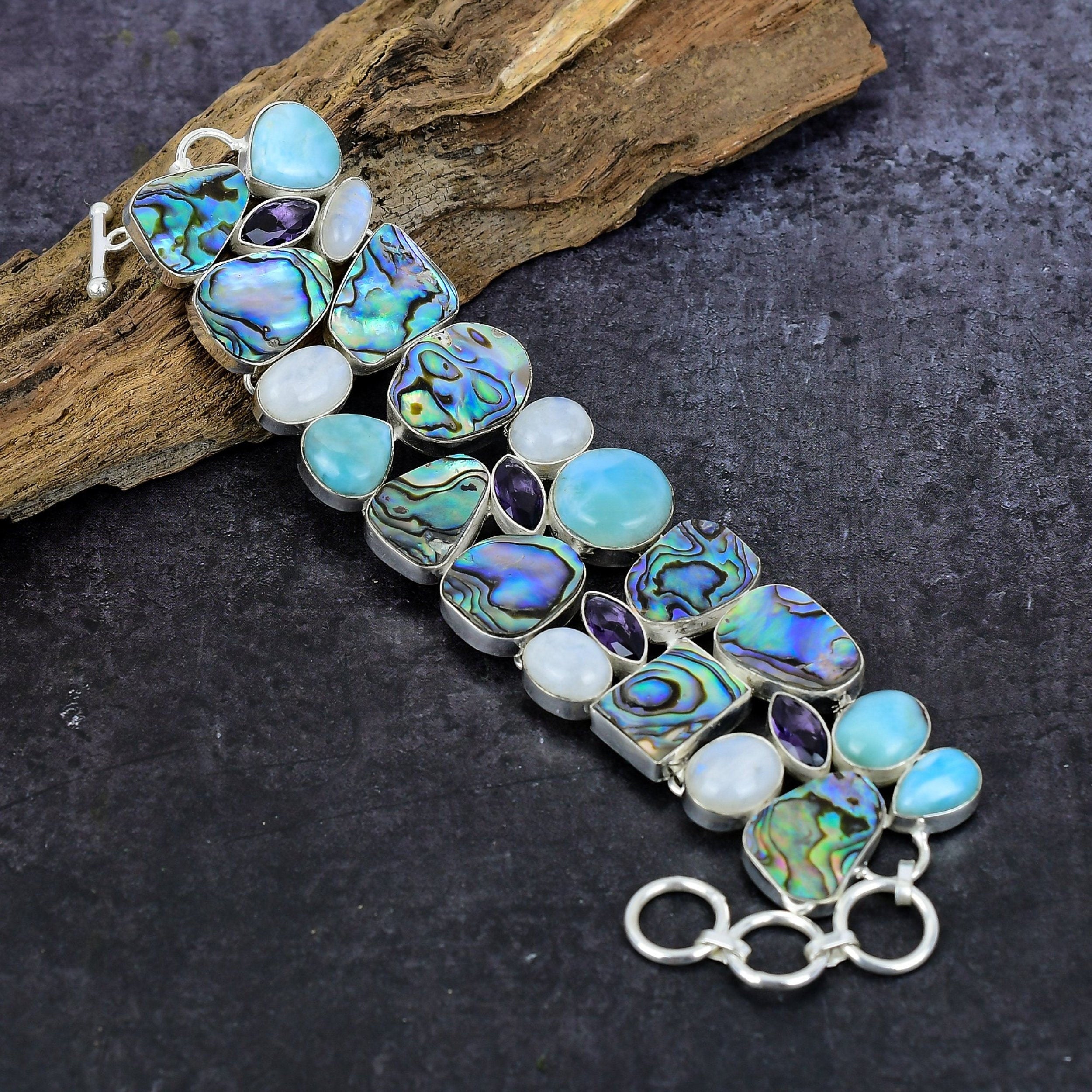 Abalone Shell Bracelet, Avalone Larimar & Moonstone Silver Bracelet, Multi Stone Statement Bracelet, Unique Design Jewelry, Unqiue Gift Idea