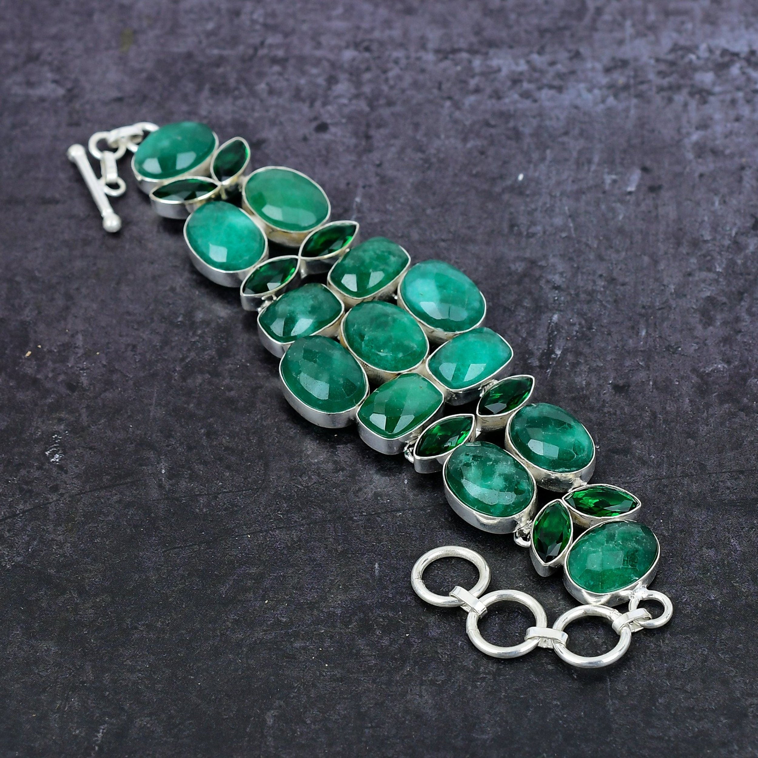 Emerald Bracelet, Natural Indian Emerald Silver Plated Bracelet, Unique Designer Jewelry,Adjustable Bracelet, Sakota Emerald, Gift's for Her