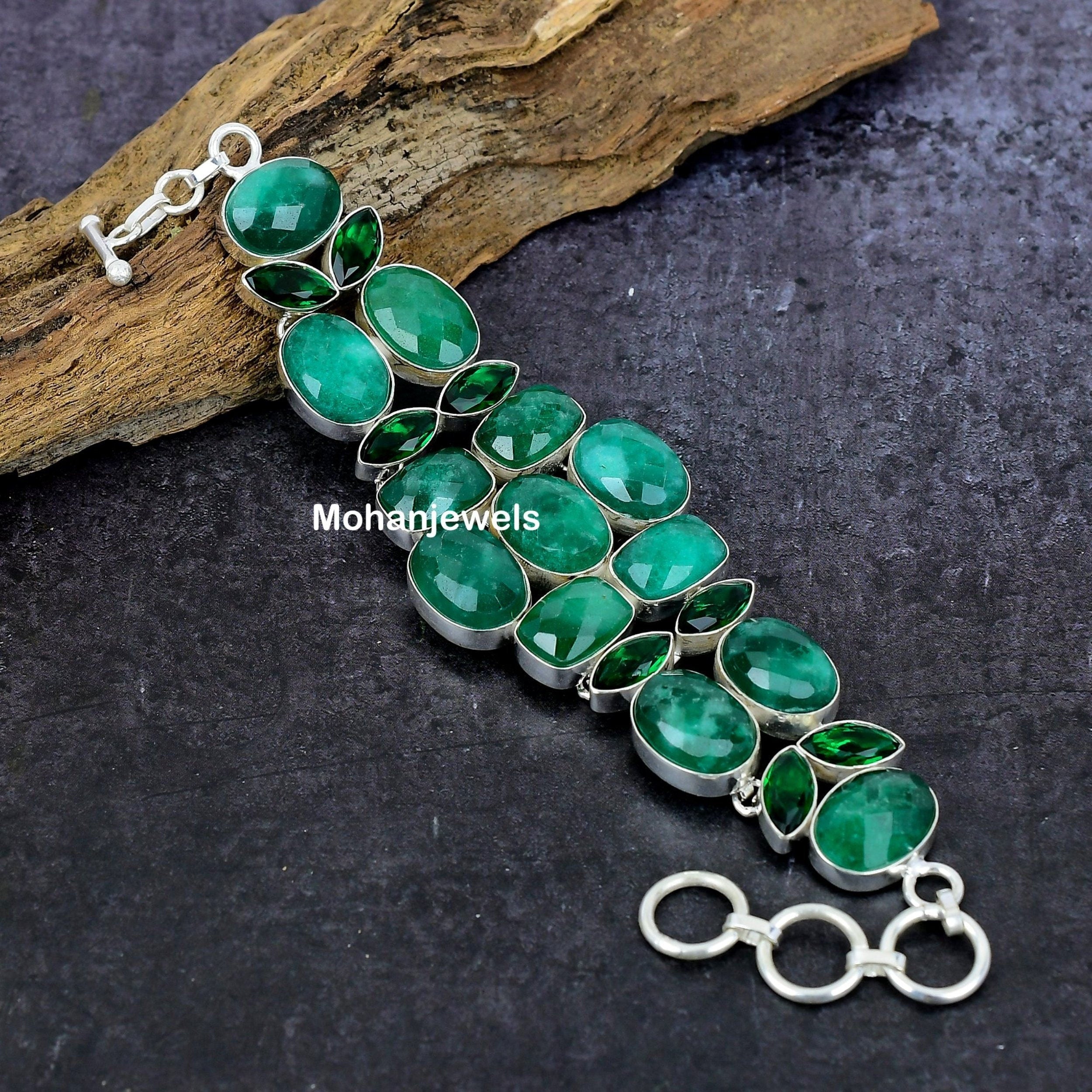 Emerald Bracelet, Natural Indian Emerald Silver Plated Bracelet, Unique Designer Jewelry,Adjustable Bracelet, Sakota Emerald, Gift's for Her