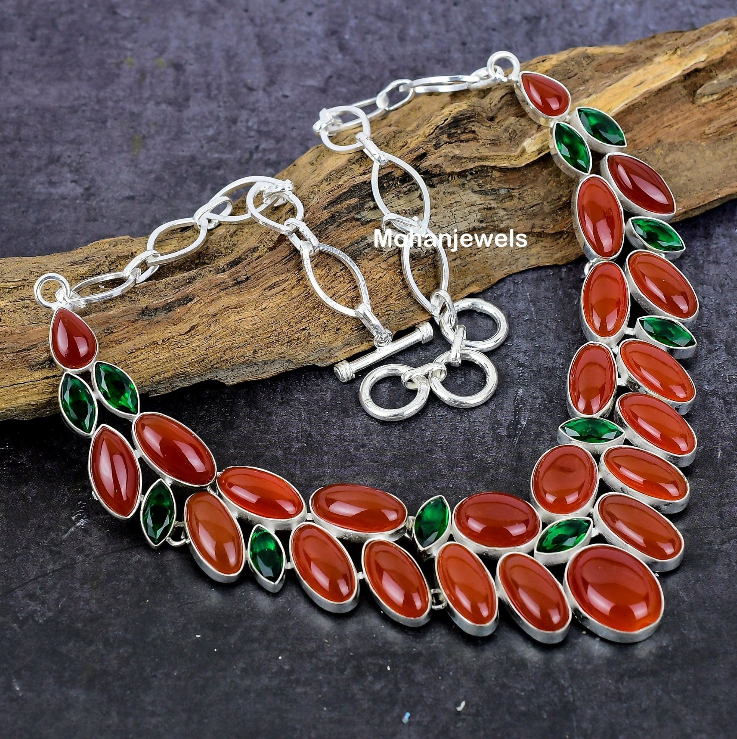 Carnelian Necklace, Natural Carnelian Diopside Silver Plated Necklace, Orange Carnelian Necklace, Multi Stone Gift Jewelry For Women