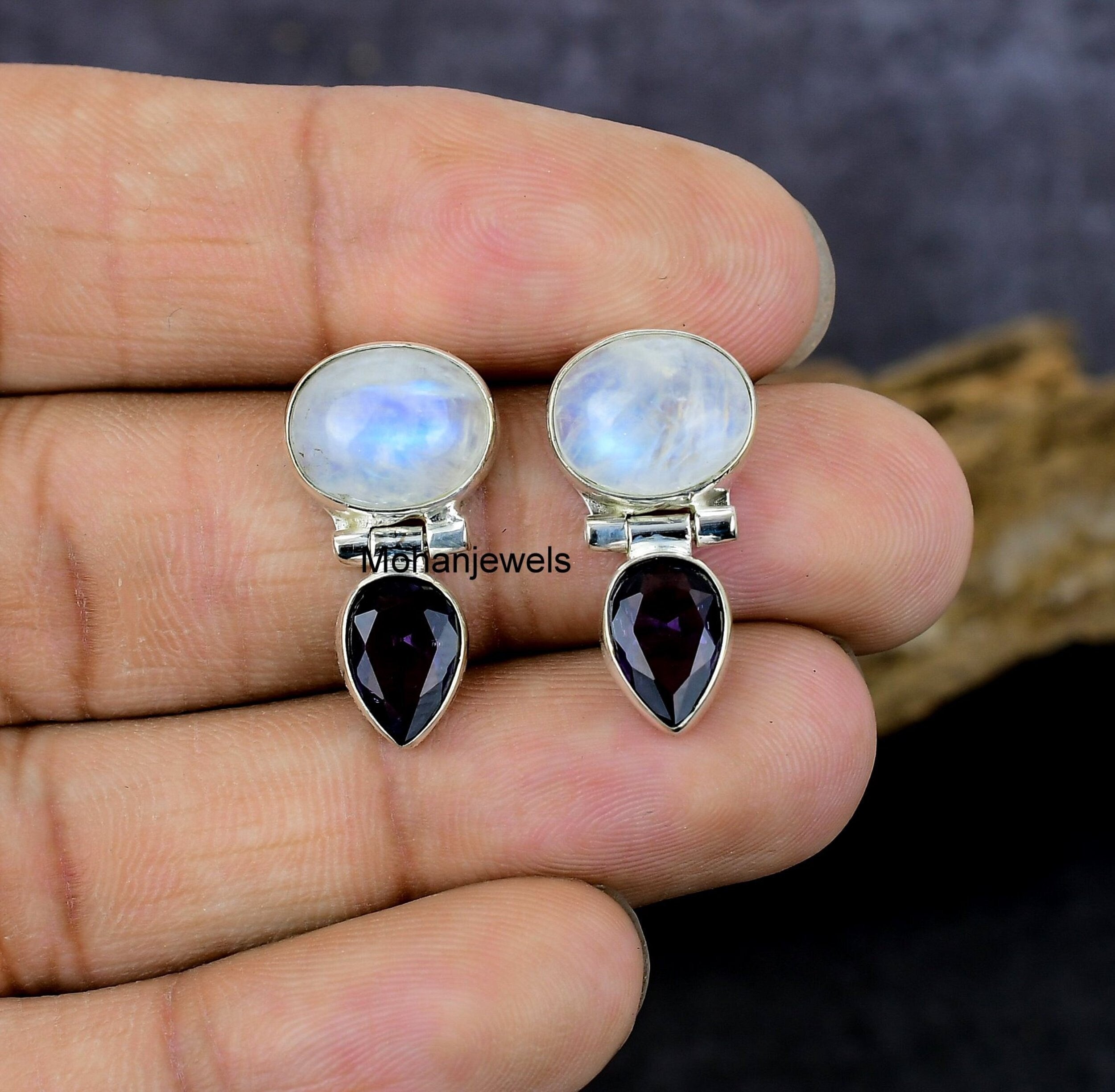 Moonstone Earrings, Natural Rainbow Moonstone & Amethyst Silver Plated Earrings, Multi Stone Handmade Stud Earring, Birthday Gift's For Her