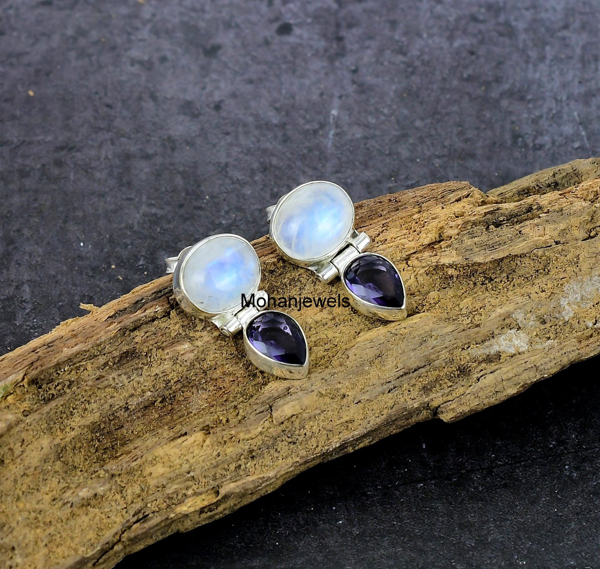 Moonstone Earrings, Natural Rainbow Moonstone & Amethyst Silver Plated Earrings, Multi Stone Handmade Stud Earring, Birthday Gift's For Her