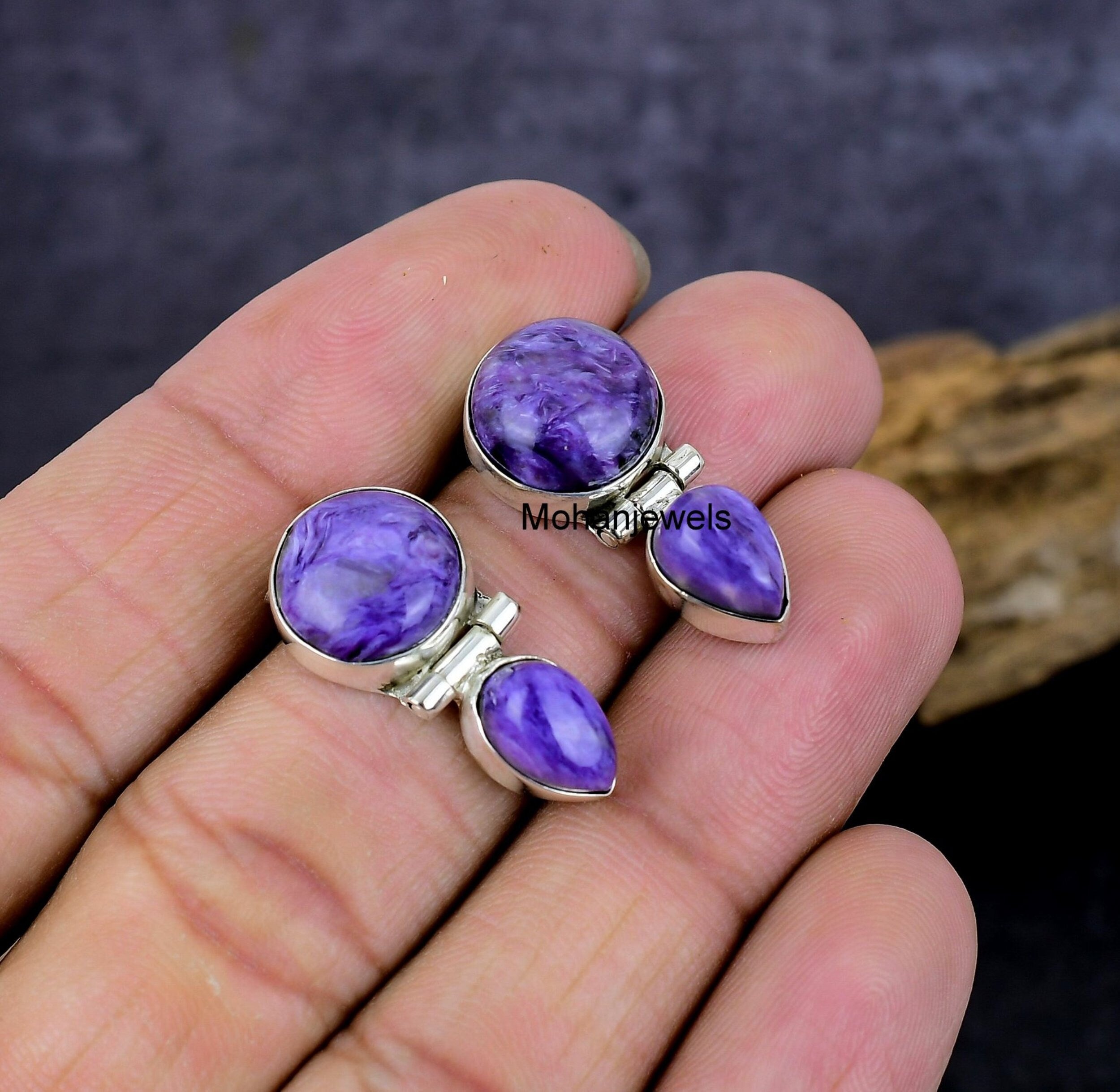 Charoite Earring, Natural Charoite Gemstone Silver Earring, Handmade Stud Earring, Purple Charoite Stone Earring, Anniversary Gift For Her