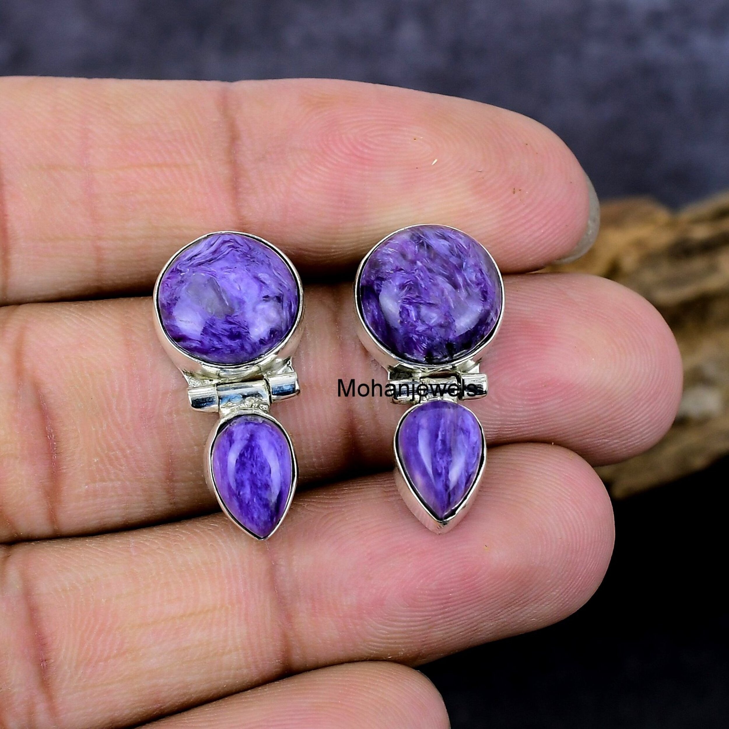 Charoite Earring, Natural Charoite Gemstone Silver Earring, Handmade Stud Earring, Purple Charoite Stone Earring, Anniversary Gift For Her