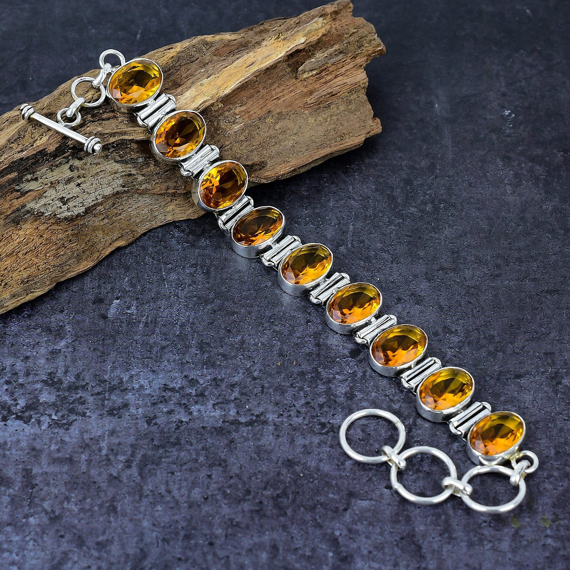 Citrine Bracelet, Faceted Citrine Topaz Silver Plated Bracelet, Yellow Stone Handmade Adjustable Chain Bracelet, Birthday Gifts For Men