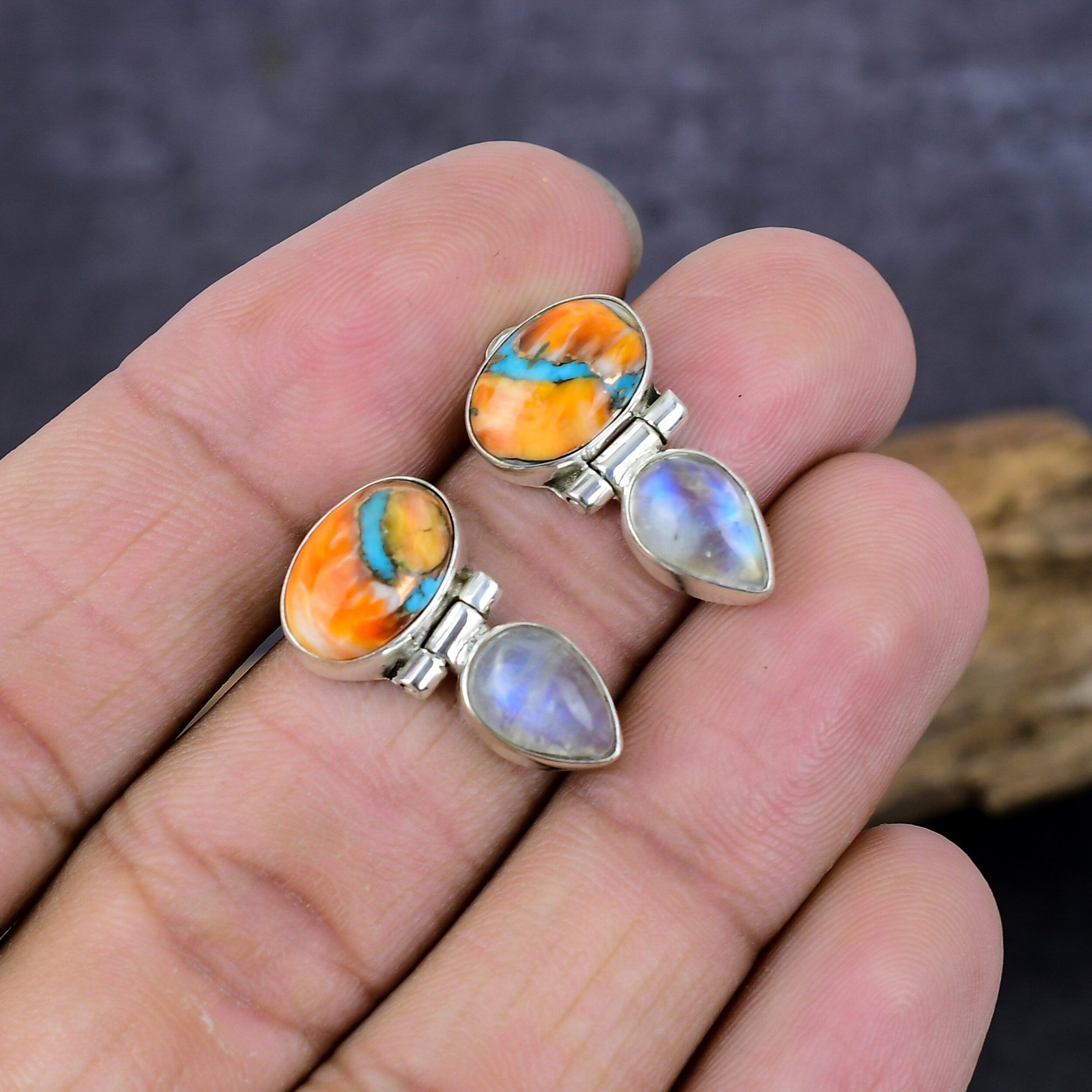 Turquoise Earrings, Kingman Pink Oyster Turquoise Moonstone Silver Earring, Multi Colour Turquoise Stud, Spiny Oyster Turquoise Gift Earring