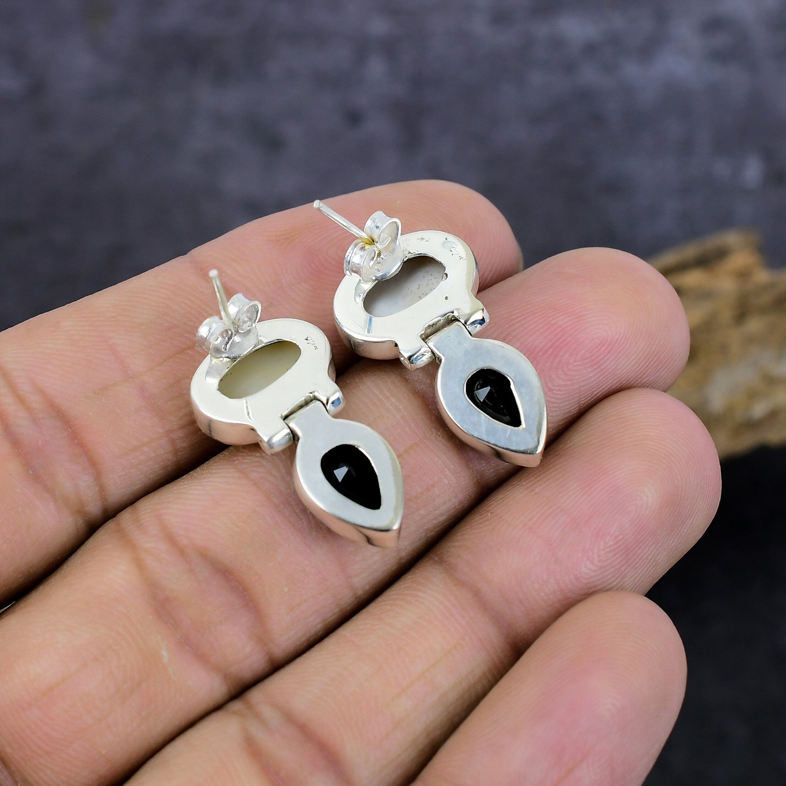 Pearl Earrings, Natural Pearl & Black Onyx Silver Earring, Ivory Mabe Pearl Stud, Unique Handmade Earrings, Women's Anniversary Gift Earring