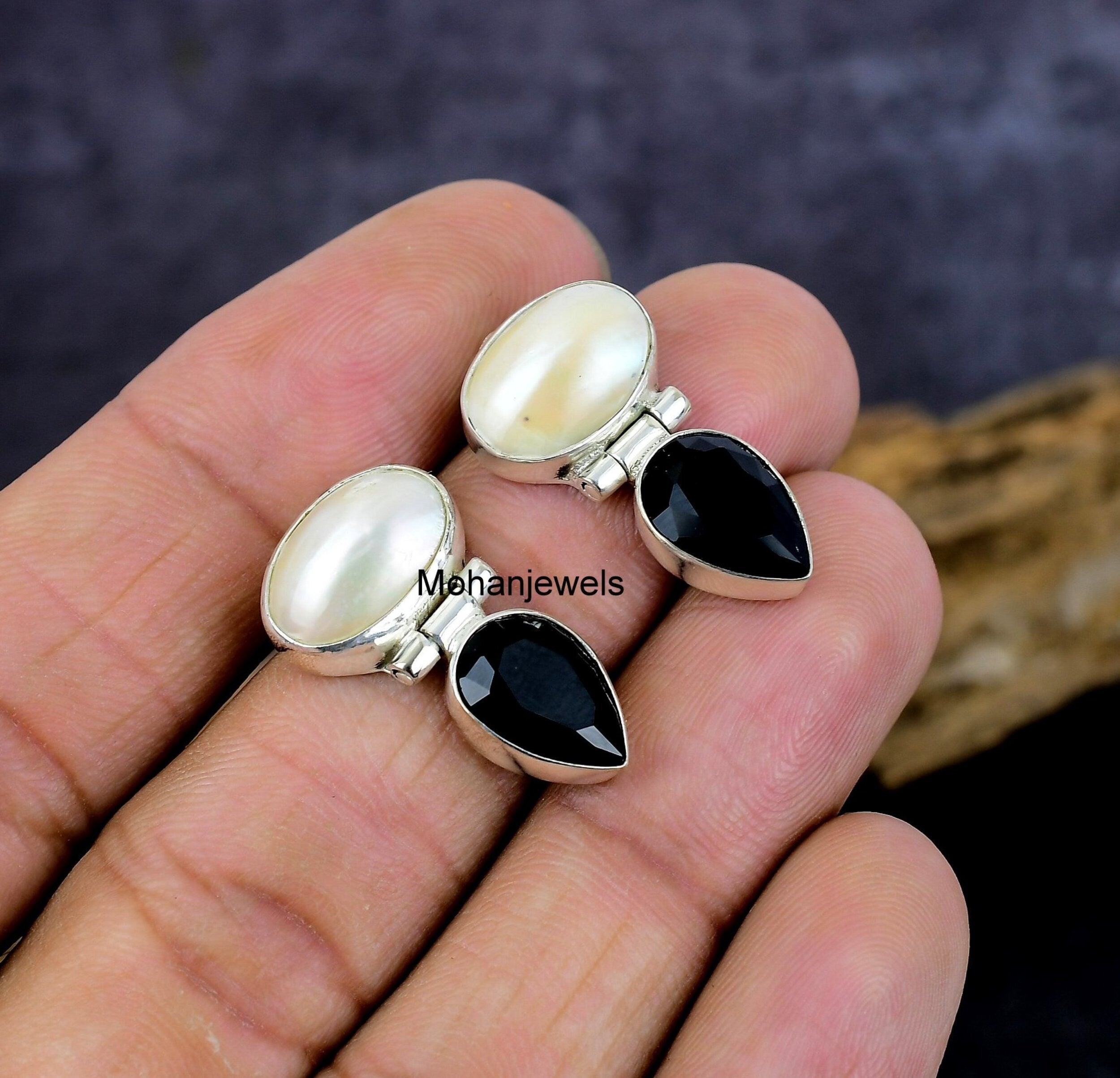 Pearl Earrings, Natural Pearl & Black Onyx Silver Earring, Ivory Mabe Pearl Stud, Unique Handmade Earrings, Women's Anniversary Gift Earring