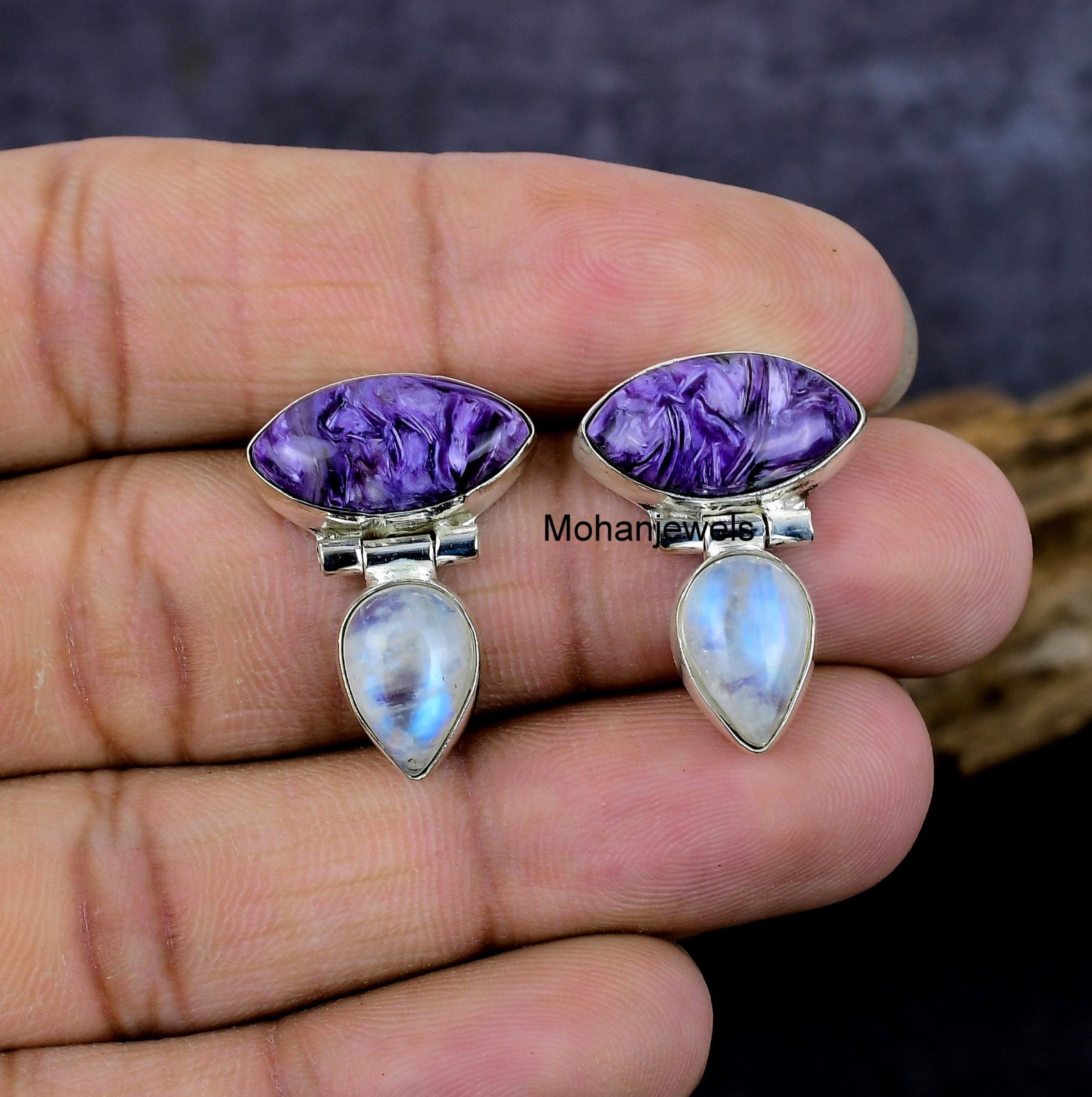 Charoite Earring, Charoite & Moonstone Silver Earrings, Handmade Stud Earrings, Purple Charoite Ethnic Jewelry, Anniversary Gift For Her